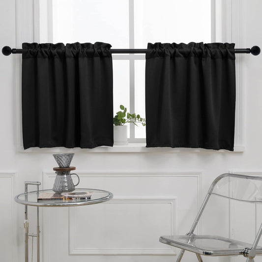 Pickluc Rod Pocket Tier Curtain - Half Blackout Curtain for Kitchen, Bathroom, Cabinet, Basement, 42 Inches Wide and 24 Inches Long, Black, 2 Panels