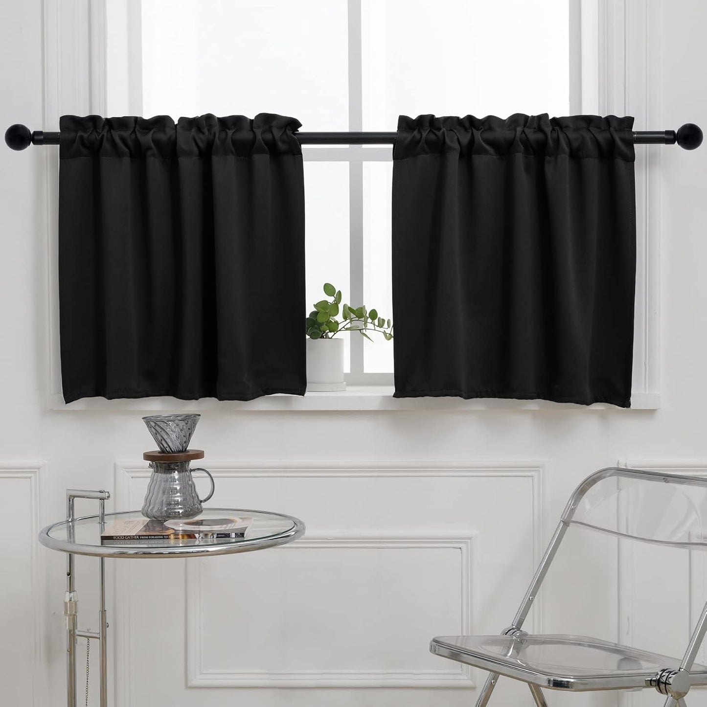 Pickluc 24 Inch Long Tier Curtains for Small Window Treatment, Short Blackout Curtain with Rod Pocket - Half Window Curtains for Kitchen, Cabinet, Basement, Camper, 2 Panels, Black, 30 Inches Wide