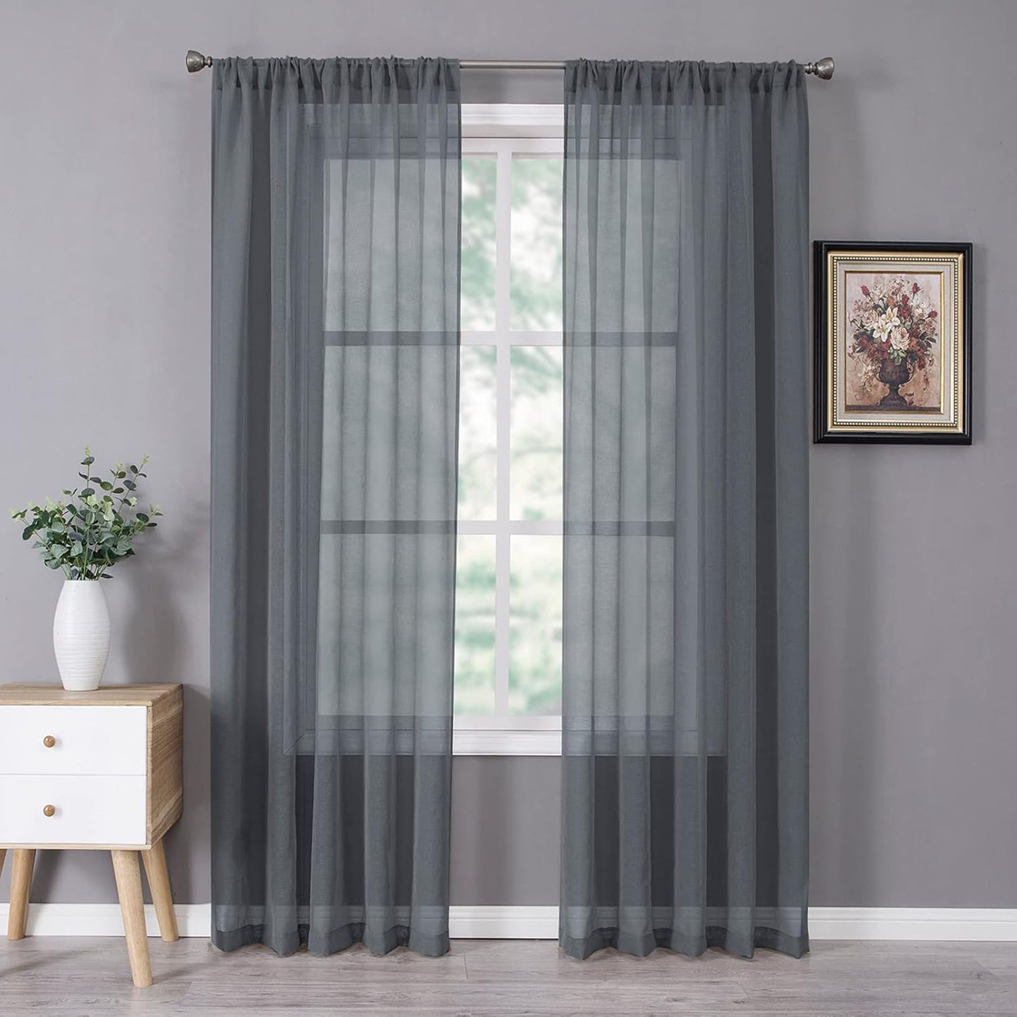Tollpiz Sheer Curtains Bedroom Linen Textured Curtain Sheers Light Filtering Voile Rod Pocket Curtains for Living Room, 38 x 84 inches Long, Dark Grey, Set of 2 Panels