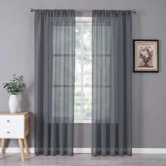 Tollpiz Sheer Curtain Linen Textured Bedroom Curtains Sheer Light Filtering Rod Pocket Voile Curtain for Living Room, 54 x 95 inches Long, Dark Grey, Set of 2 Panels