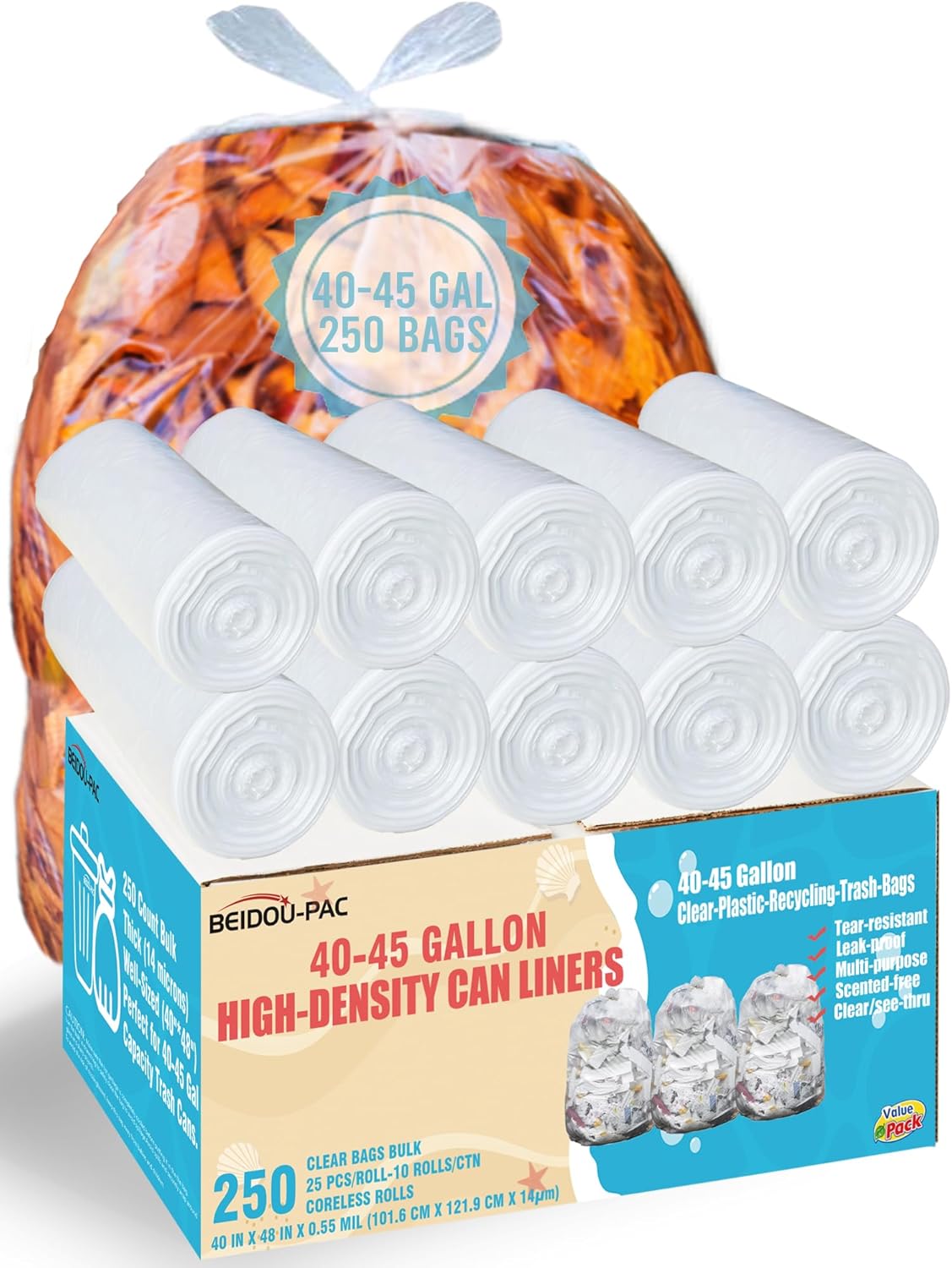 40-45 Gallon Trash Bags, 250 Count Bulk, Heavy Duty Clear Plastic Recycling Garbage Bags, Multi-purpose Can Liners for Business Home Commercial, Industrial Contractors, Storage, Outdoor