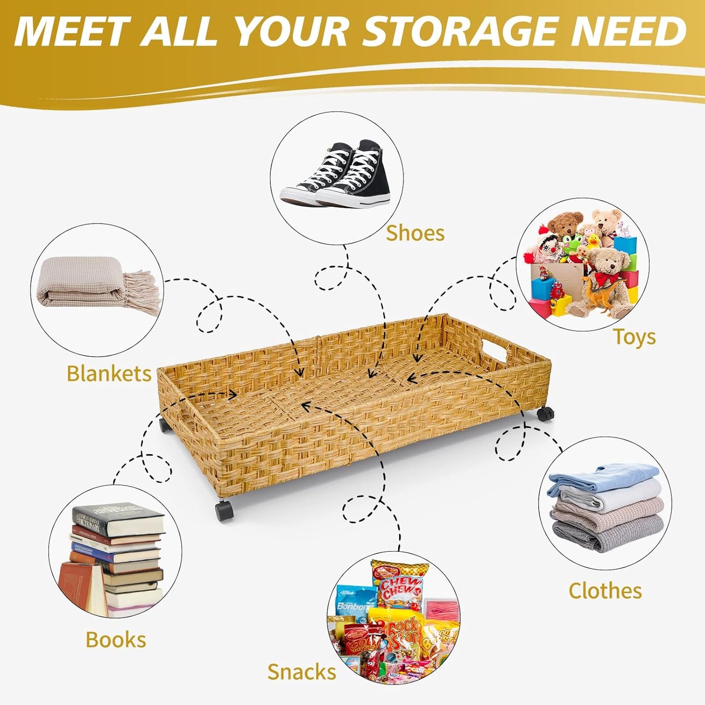 Under Bed Storage Containers with Wheels, 31.5in / 35L Handmade Rattan Underbed Organizer Drawer, Tool-free Assembly Rolling Under Bed Storage Bins for Shoes Clothes Toy Book