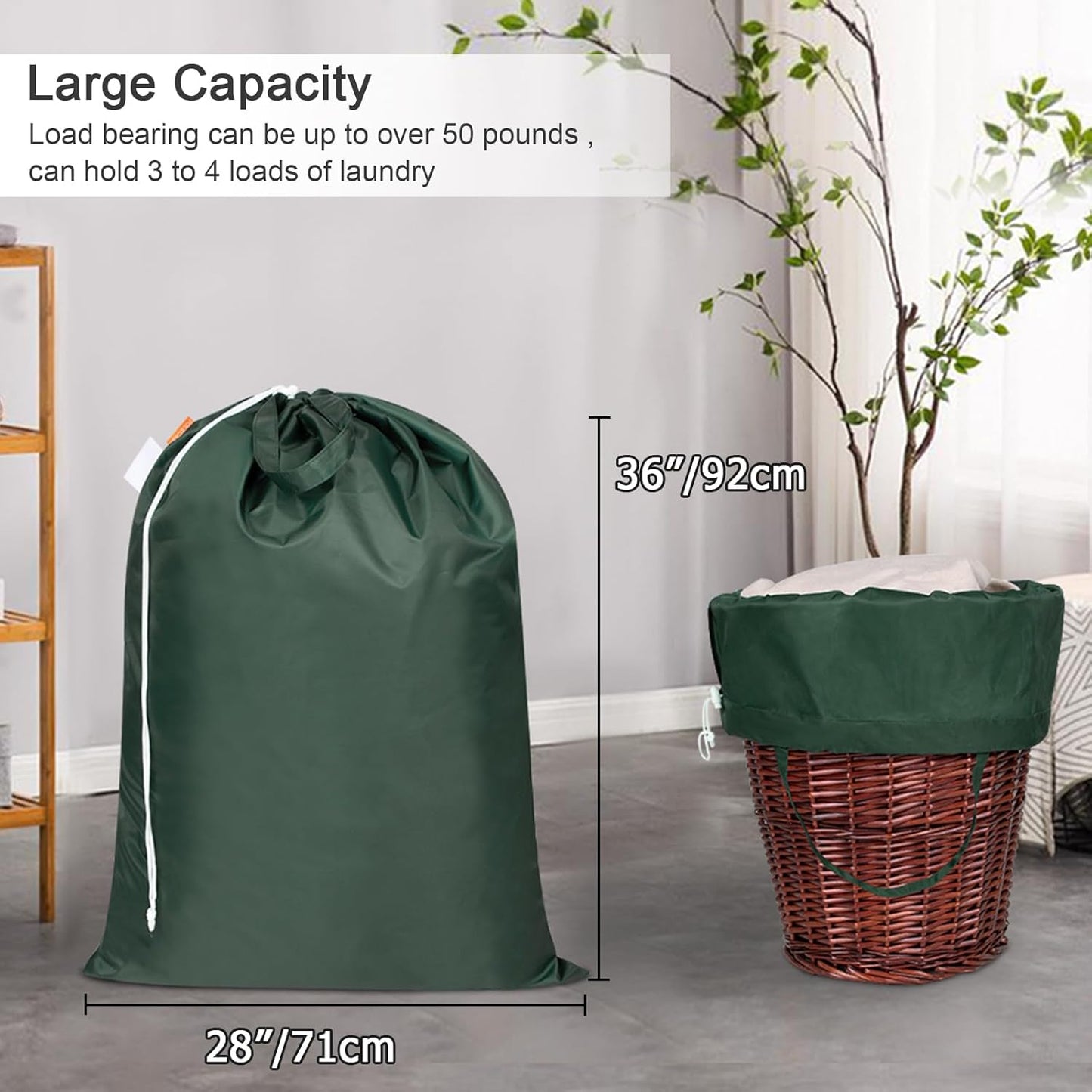 Polecasa Heavy Duty Large Laundry Bag with 130gsm Tear Resistant Fabric and Handles, Easy to Carry Durable Dirty Clothes Drawstring Bag, Perfect for College Dorm,Travel, 2 Pack 28”x36”,Green