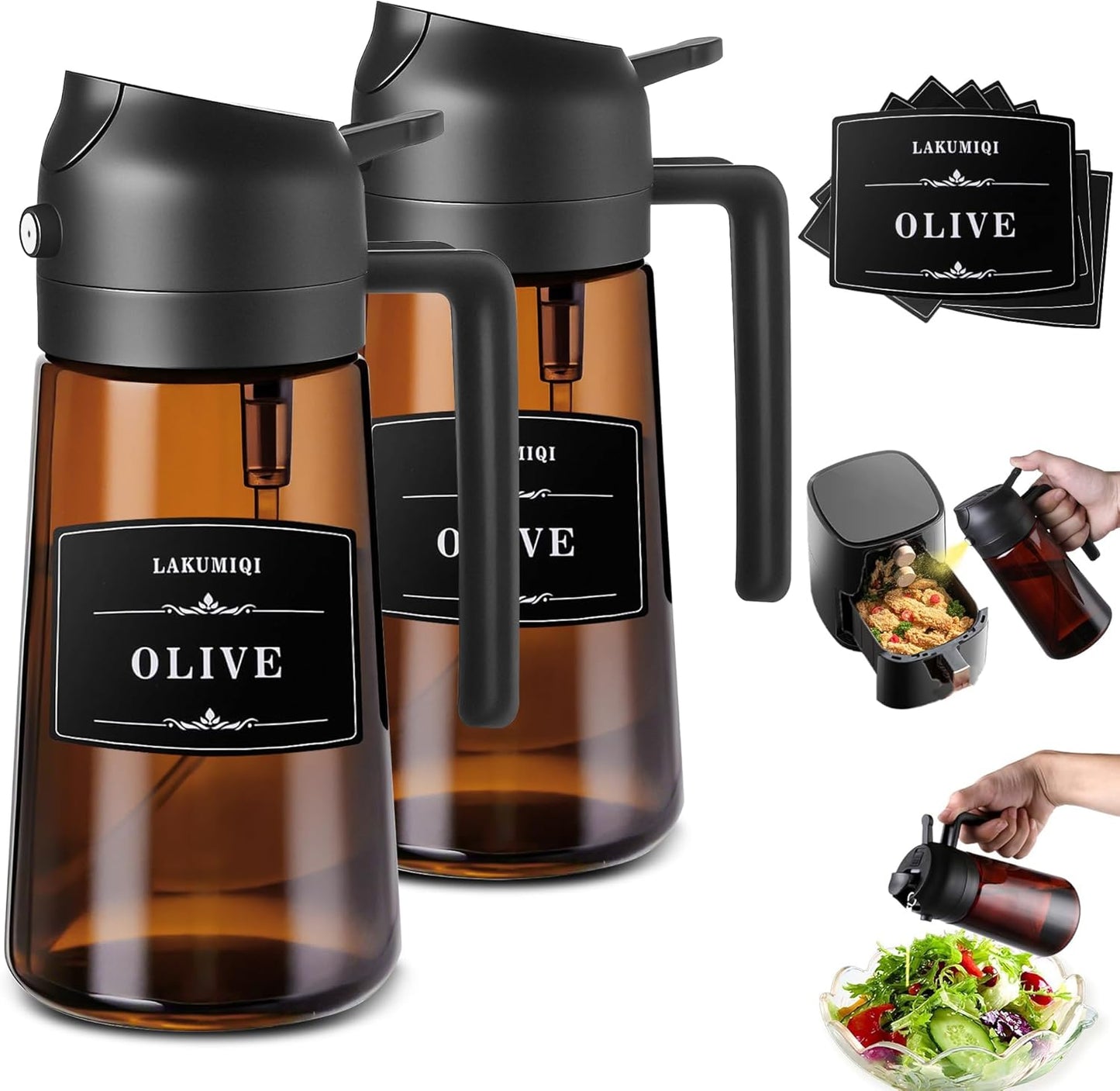 2-in-1 Glass Oil Dispenser & Sprayer - 16oz/470ml Leakproof Bottle for Cooking, Air Fryer, BBQ, Baking, Salad (Light-Blockage Black 2PC)