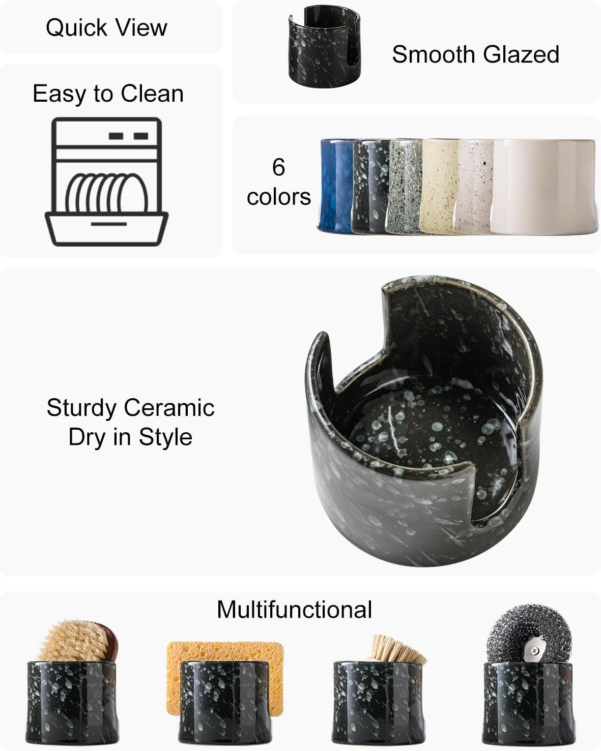 Sponge Holder for Kitchen, Ceramic Sink Caddy Scrub Sponge Rack Dish Rack Scrubbers Holder for Kitchen Sink, Bathroom, Black