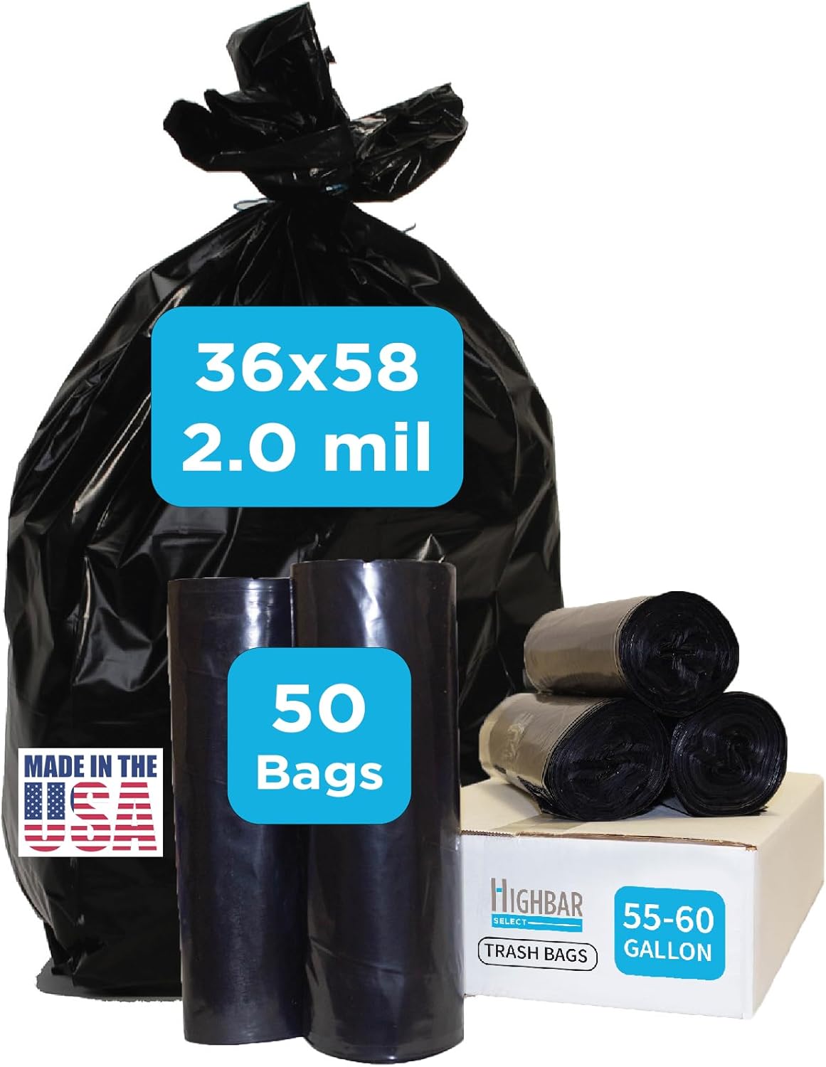 Industrial Grade 50 Count Black Trash Bags, 55-60 Gallon, 2.0 Mil, 36 x 58, Extra Strength, Heavy Duty, Tear and Puncture Resistant, No Ears, Unscented, Durable, No Ties, Made in USA