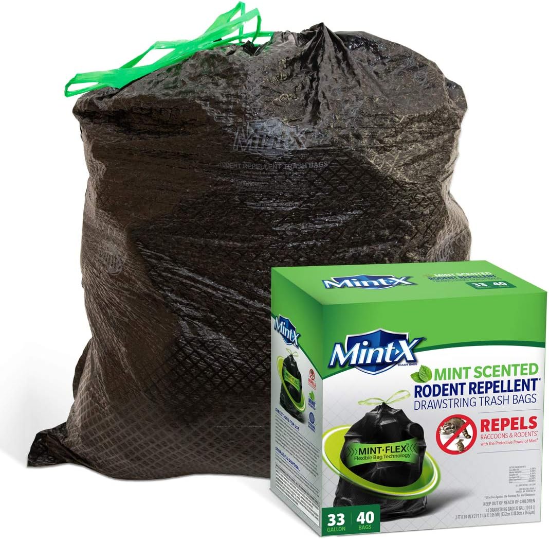 Mint-X Rodent Repellent Outdoor Home and Industrial Trash Bags with Drawstring & Mint-Flex Technology; 33 Gallon, 40 Count, Black
