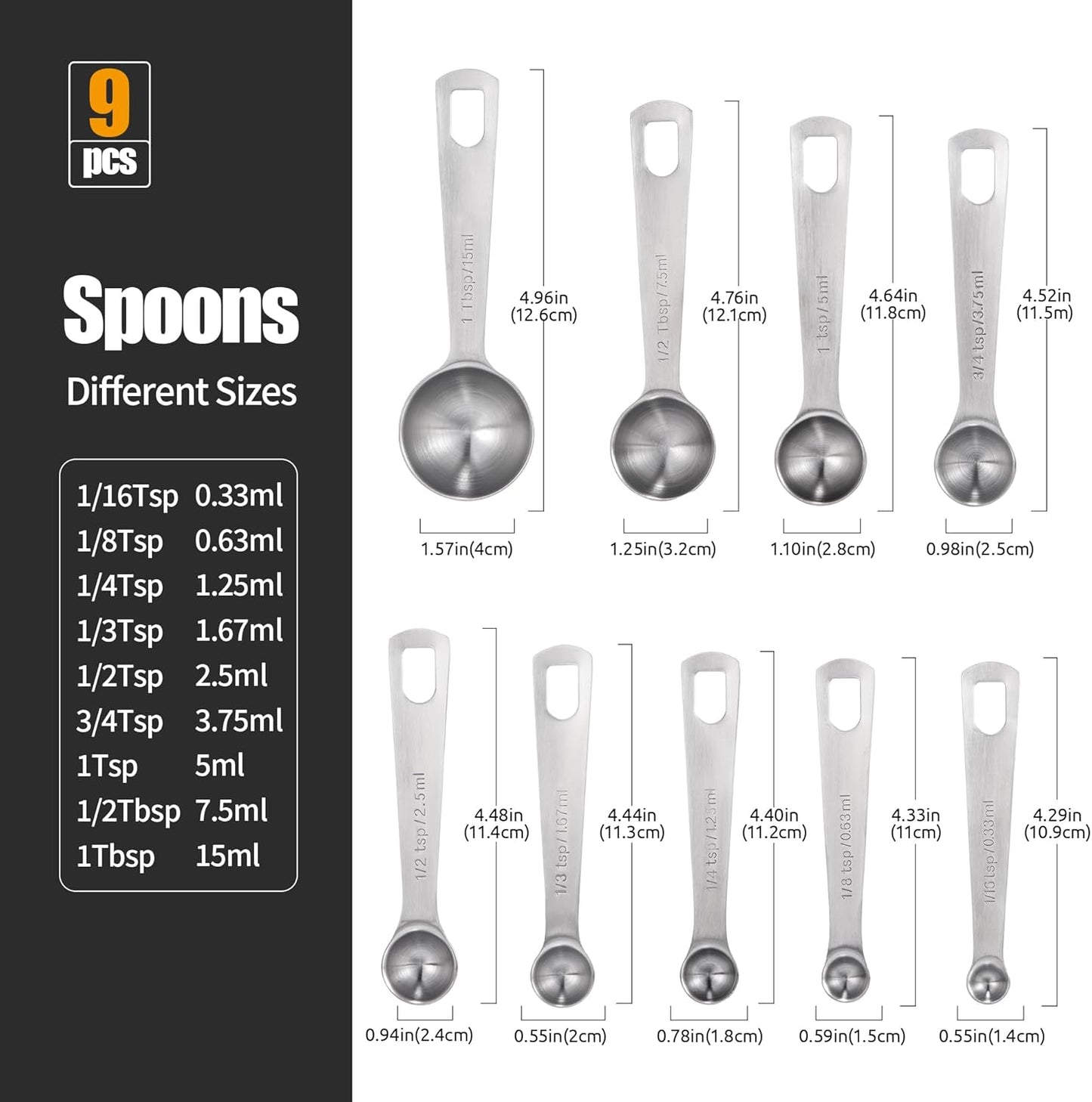 Doosu Measuring Spoons Set of 9-18/8 Stainless Steel Heavy Duty Teaspoons Tablespoons with Engraved Metric & US Measurements, Metal Measure Spoon for Dry and Liquid Ingredients, Dishwasher Safe