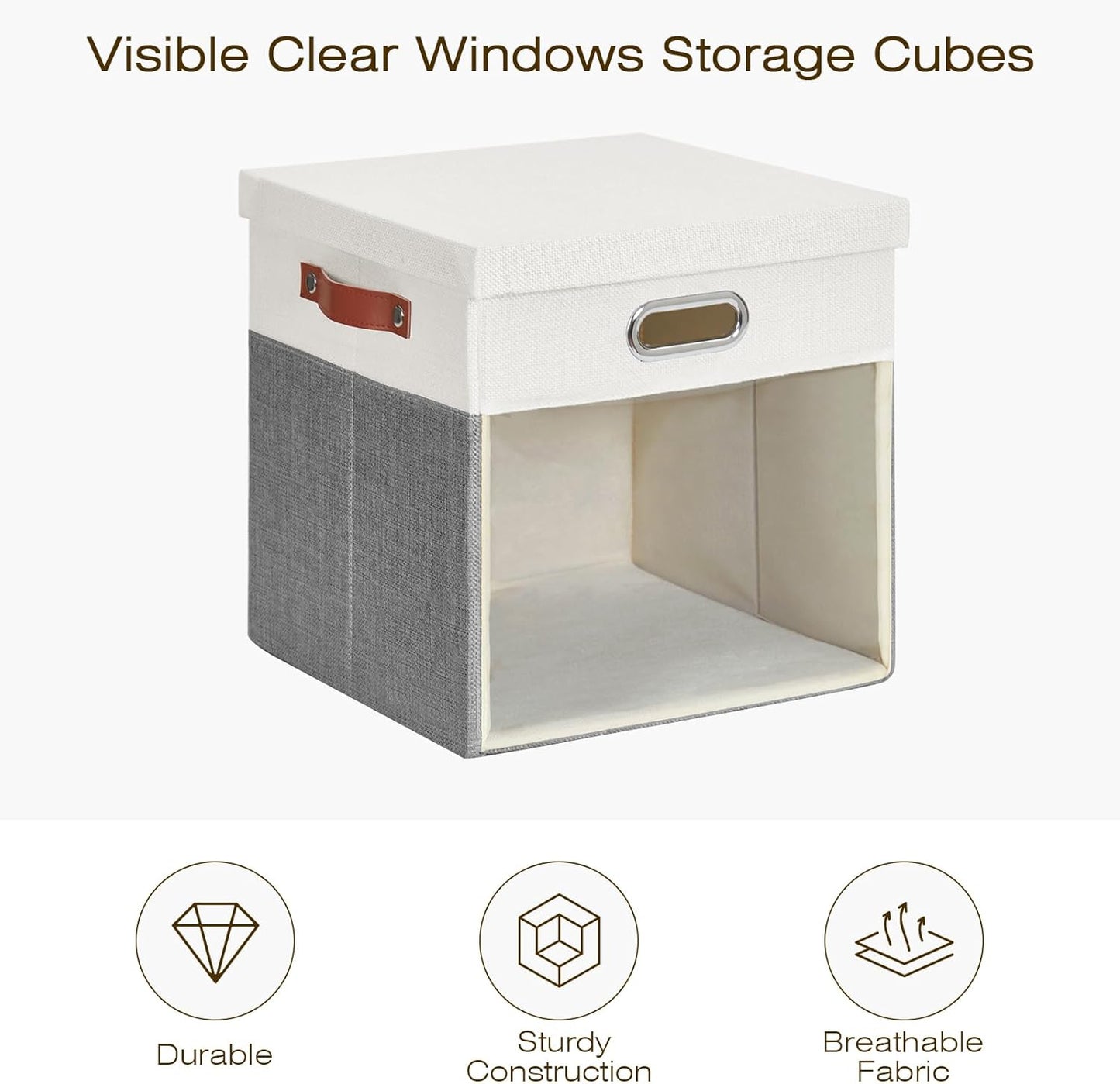 Fabric Storage Cubes with Clear Windows and Lids, 13'' Foldable Storage Bins with 3 Handles, Decorative Storage Boxes for Home, Bedroom, Closet, Office (Gray & White)
