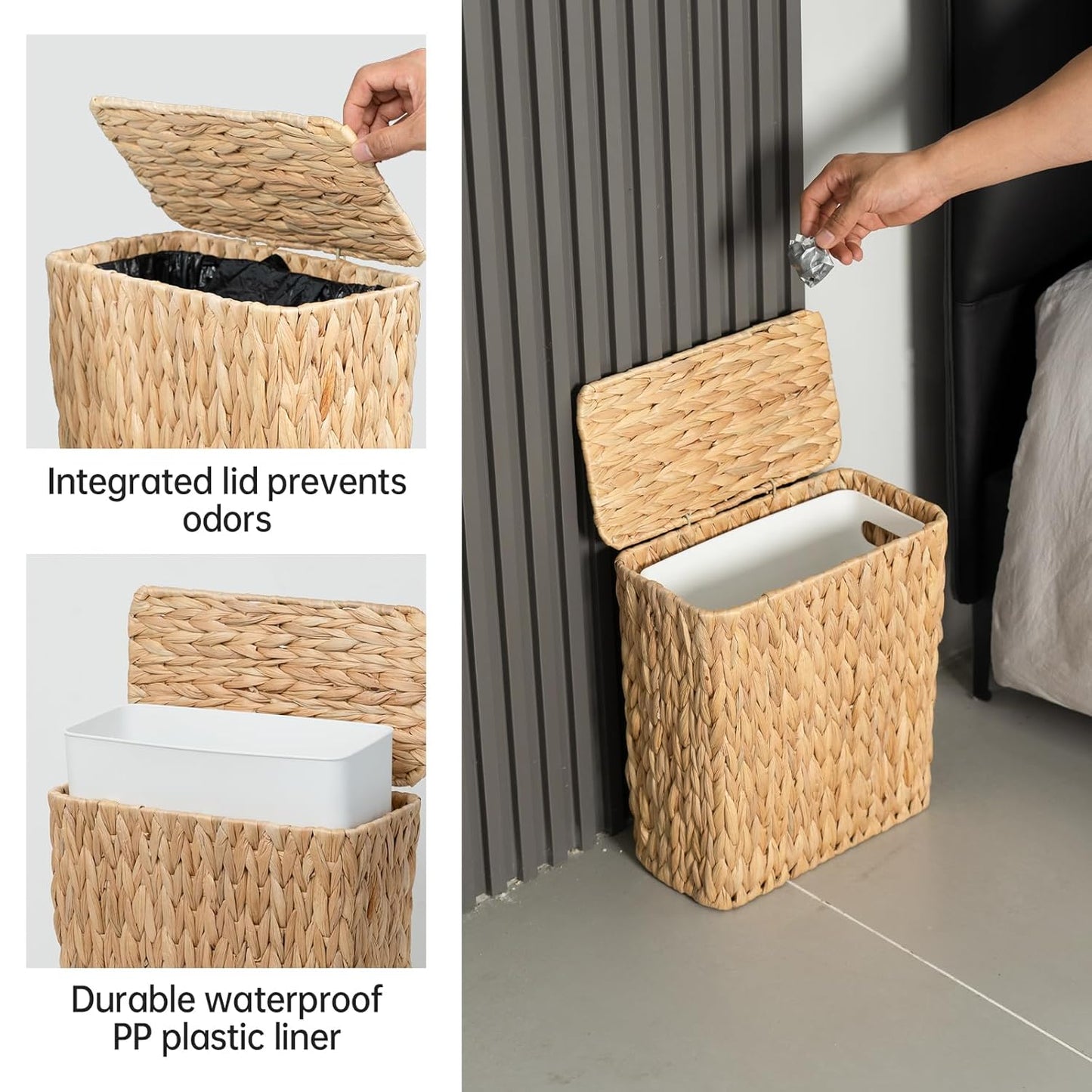 3 Gallon Wicker Trash Can,Small Bathroom Trash Can with Lid,Natural Water Hyacinth Wicker Waste Basket for Bedroom,Toilet,Narrow Garbage Can with Removable Liner