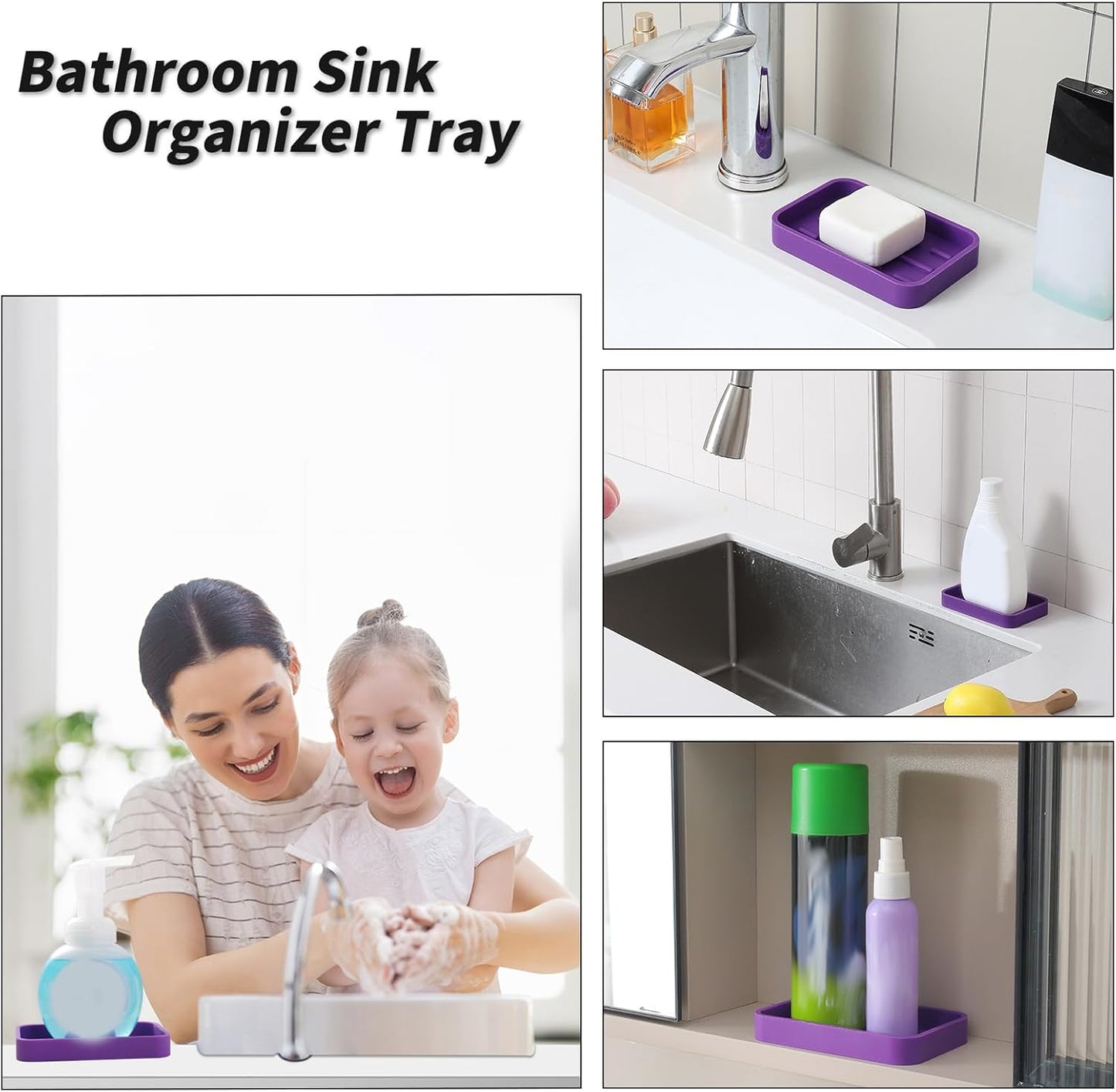 Silicone Kitchen Sink Organizer Tray for Multiple Usage,Easy Clean Sponges Holder for Kitchen Bathroom Counter or Sink,Dish Soap Dispenser,Scrubber,Bottle,Cup Purple 4.9”x 3.2”