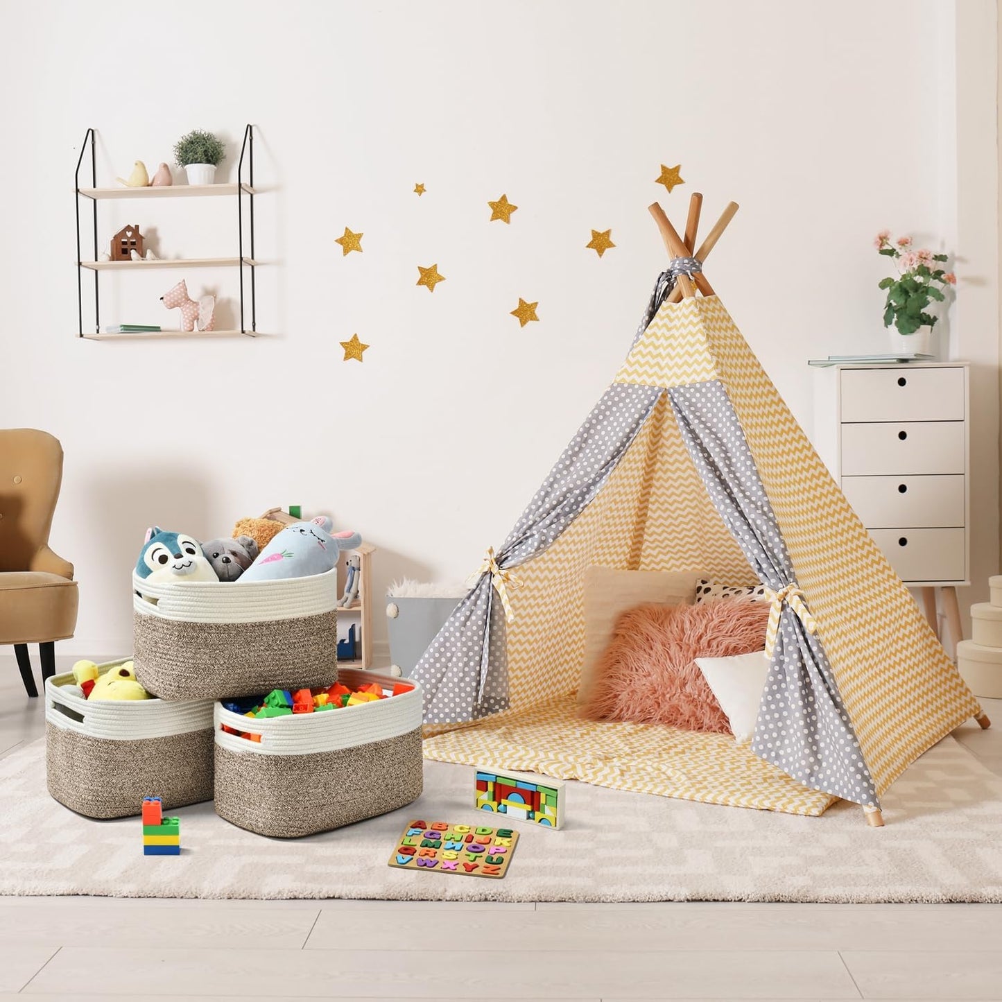 Storage Basket,Woven Baskets for Storage,Cotton Rope Baskets for Organizing,book Basket,towel,Toy Basket or Storage Bins for Living Room - 3 Pack,Brown