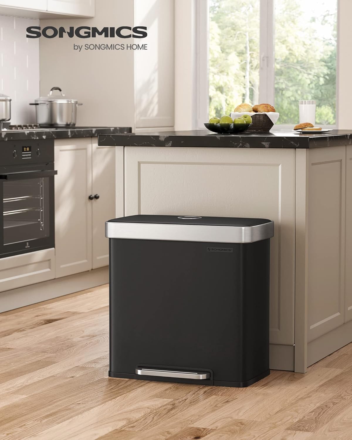 SONGMICS Kitchen Trash Can, 16 Gallon (2 x 8 Gallon) Dual Compartment Garbage Can, 60L Pedal Recycling Bin, Stays Open and Soft Close, Stainless Steel, 15 Bags Included, Ink Black ULTB202B01