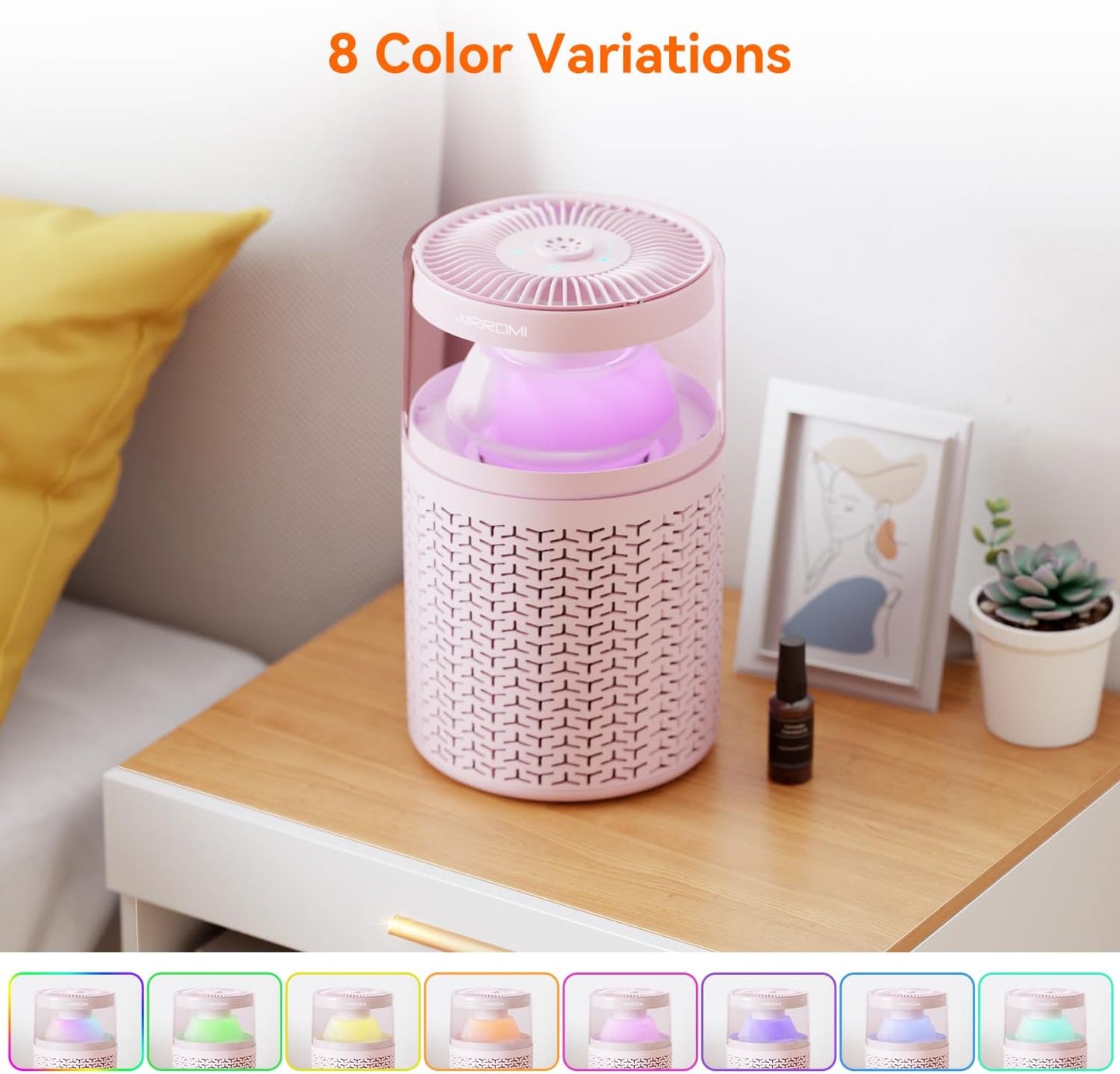 AIRROMI Air Purifiers for Bedroom Home,Up to 658 Ft²,Activated Carbon Filter Cleaner,With Fragrance Sponge for Better Sleep,Night Light,Pet Dander,Allergies,Smoke,Odor,Desktop Air Cleaner A2002 Pink