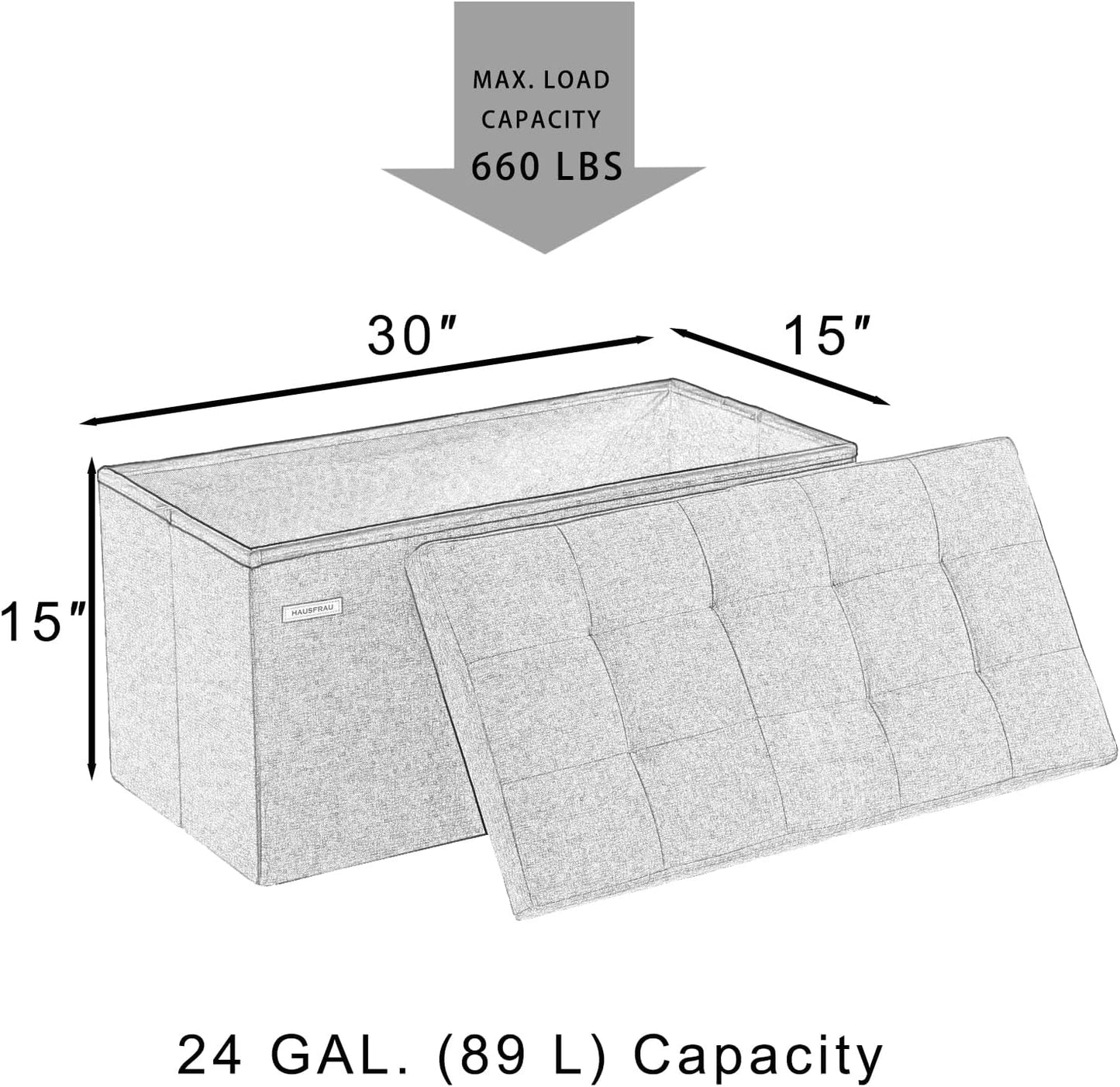 HAUSFRAU - 30 Inches Storage Ottoman Bench with Flipping Lid, Foldable Storage Chest Foot Rest for Living Room, Bedroom, Entryway, Load 660 lb, Linen Beige