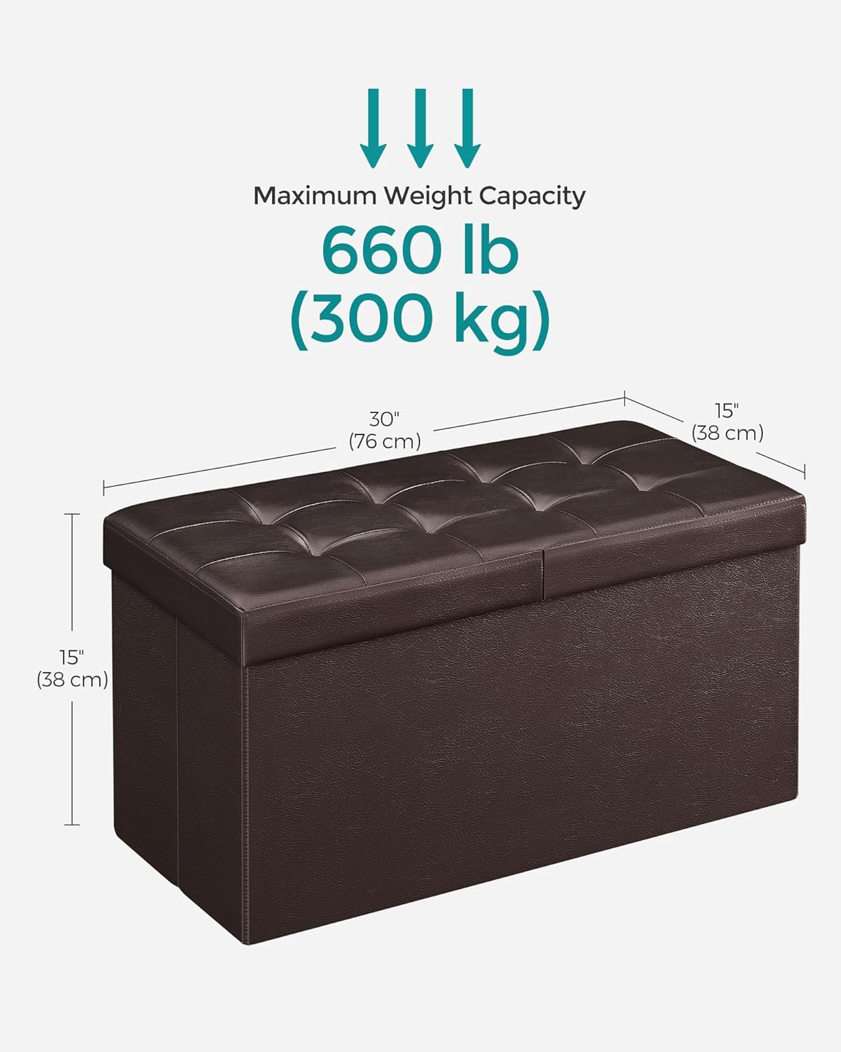 SONGMICS MAZIE Collection - 30 Inches Storage Ottoman Bench with Flipping Lid, Storage Chest Footstool, Load 660 lb, for Entryway, Living Room, Bedroom, Synthetic Leather, Brown ULSF45BR