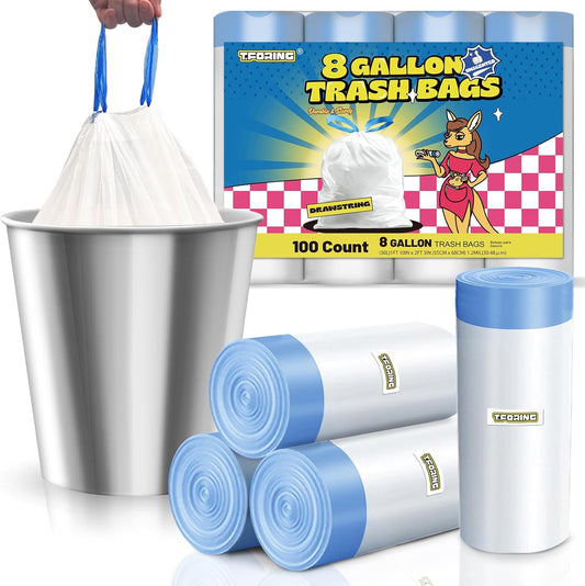 8 Gallon Trash Bags Drawstring 1.2 Mil - 100 Count White Medium Garbage Bags Unscented, 30 Liter Thick Plastic Trash Can Liners for Home Kitchen Bathroom