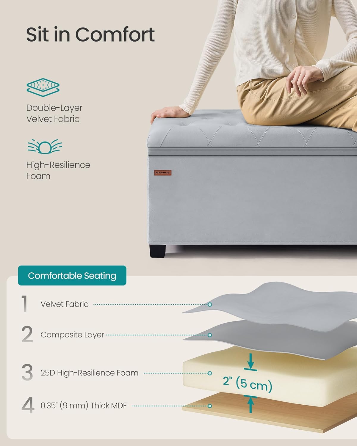 SONGMICS Velvet Storage Ottoman Bench, Foot Rest with Legs, 15.7 x 43 x 15.7 Inches, End of Bed Bench, Storage Chest, Load up to 660 lb, for Living Room, Bedroom, Entryway, Dove Gray ULSF089G02