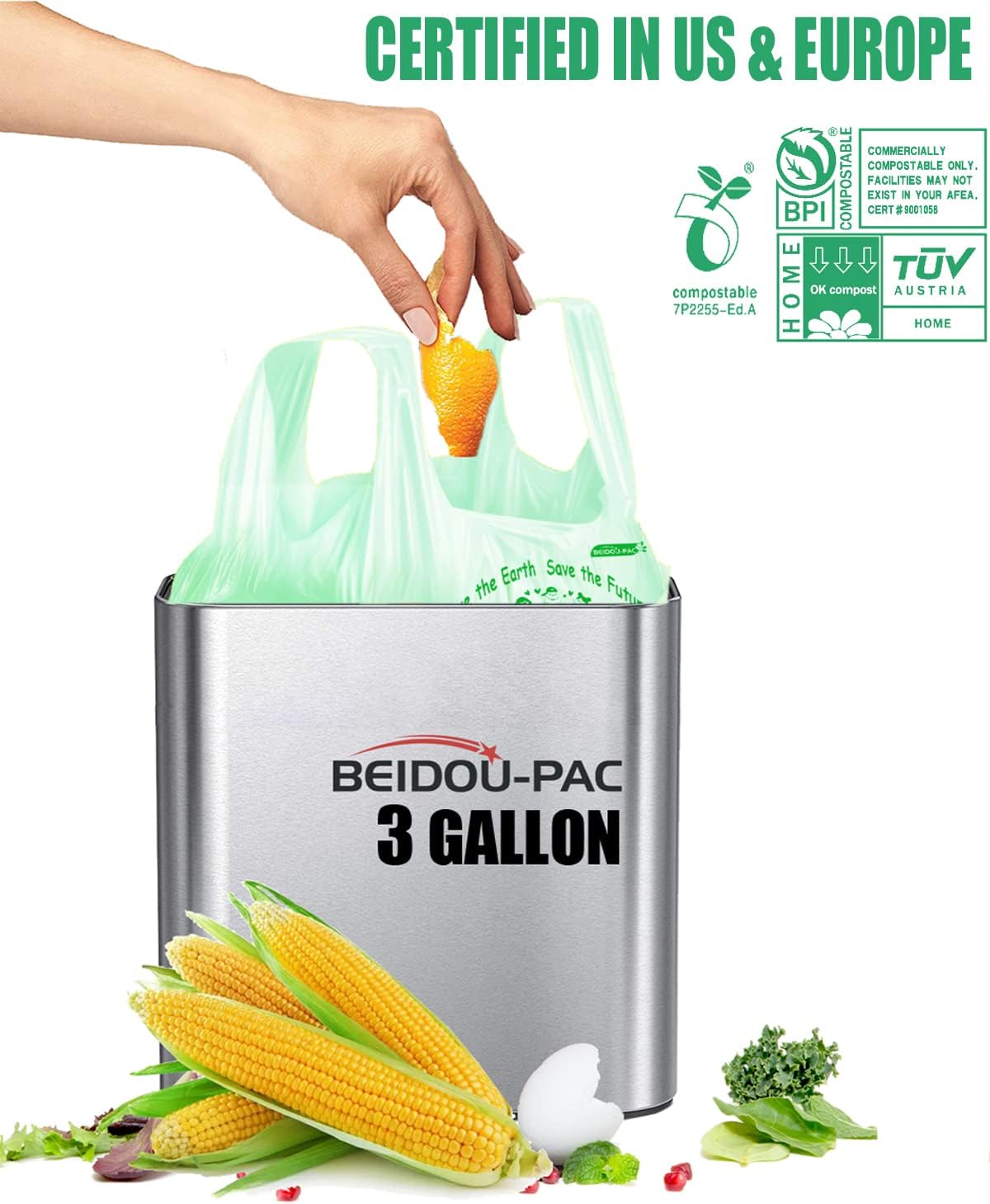 100% Compostable Trash Bags, 3 Gallon Compost Bags Small Kitchen Trash Bags with Handle, 200 Count Sturdy Biodegradable Garbage Bags Food Scrap Waste Bags, ASTM D6400, US BPI Certified