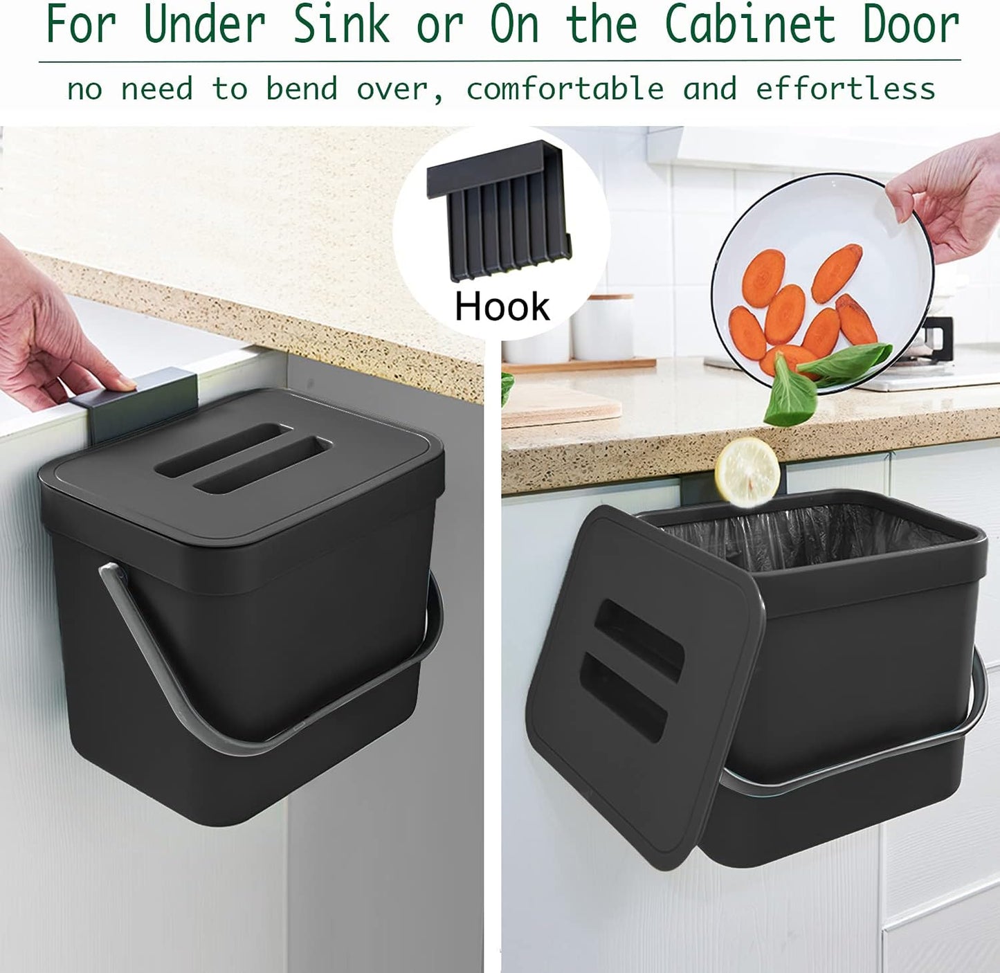 Kitchen Trash Can with Lid, LALASTAR Wall-Mounted Under Sink Small Garbage Can for Kitchen, Bathroom, Compost Bin Countertop, Cabinet Trash Can Hanging, 1.8 Gallon, (Black, 7L)