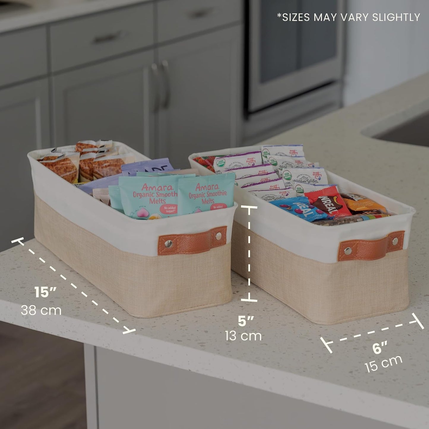 OrganiHaus Narrow Storage Bins 15x06in, Small Closet Bins for Shelves, Bathroom Storage Baskets for Shelves, Narrow Baskets, Fabric Organizer with Handles, Toilet Paper Organizer - 2 Pack, Beige