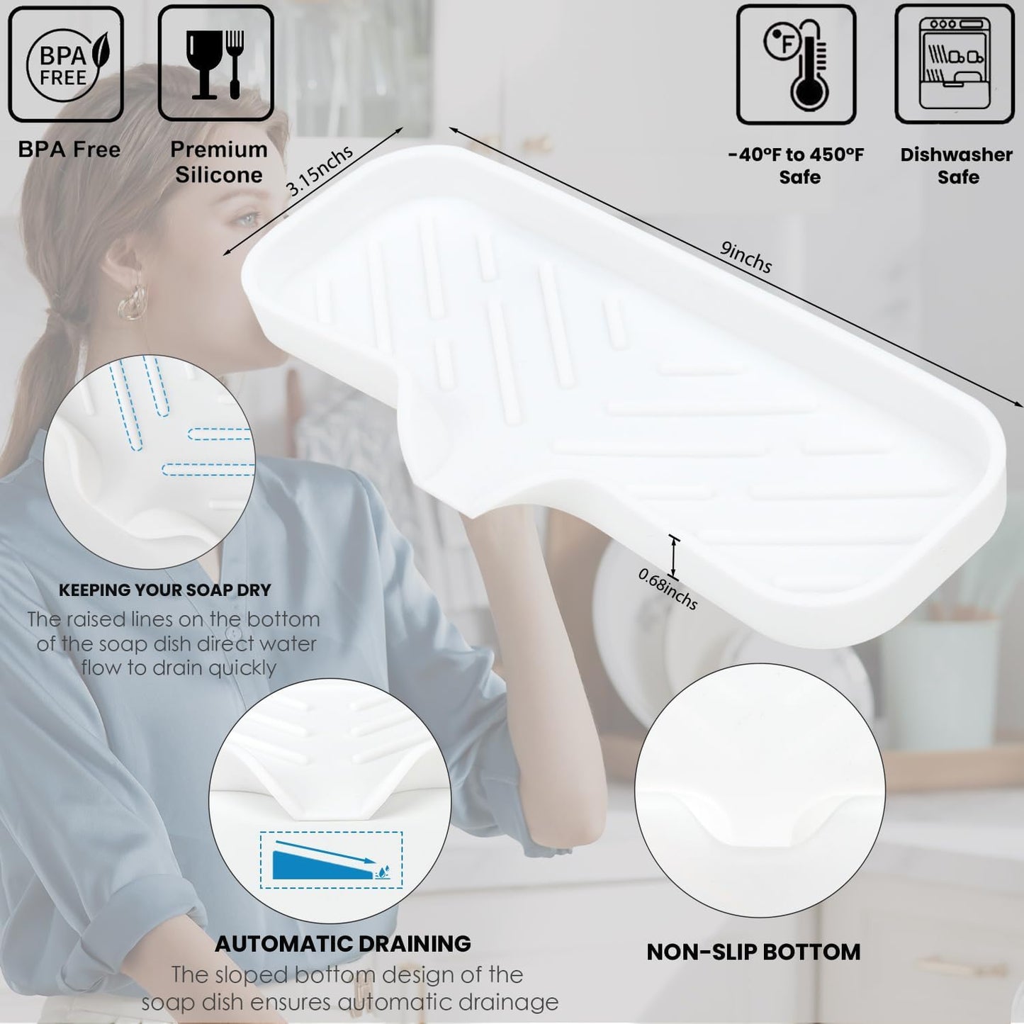 Silicone Bathroom Soap Dishes, Sponge Holder for Kitchen Sink, Shower Soap Holder with Drain, Soap Dispenser Tray, Soap Dish for Bottle, Cup, Sink or Counter Organizer - White 9" x 3.15"