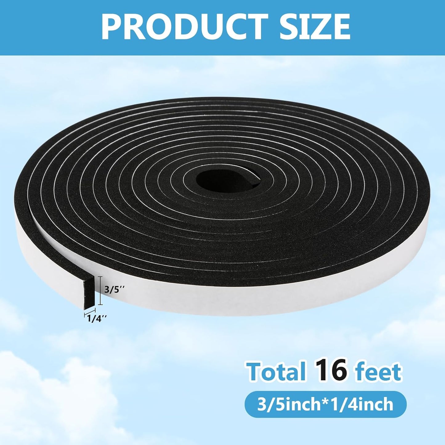 Weather Stripping Door Seal Strip (3/5 Inch X 1/4 Inch X 16Feet), Strong Adhesive, Lightproof, Soundproof, Weatherproof Foam Tape Insulation for Sliding Door, Front Door Frame, Windows- Black