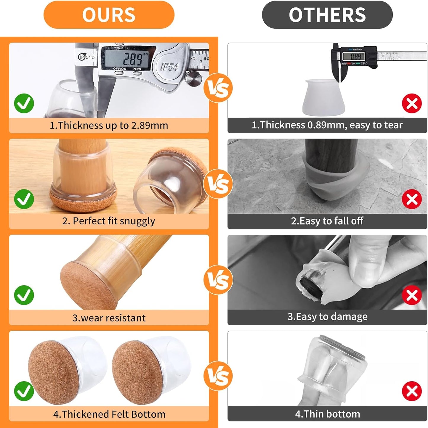 Ezprotekt 8 Pcs Extra Large Chair Leg Protectors with Felt, Silicone Felt Furniture Pads, Floor Protectors for Chair, Bar Stools Leg Protectors Caps, Table Leg Cups Covers (XL Fit: 1.4"-1.65", Clear)