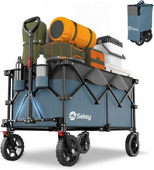 Sekey 220L Collapsible Foldable Wagon with 330lbs Weight Capacity, Heavy Duty Folding Wagon Cart with Big All-Terrain Wheels & Drink Holders (Blue&Grey)