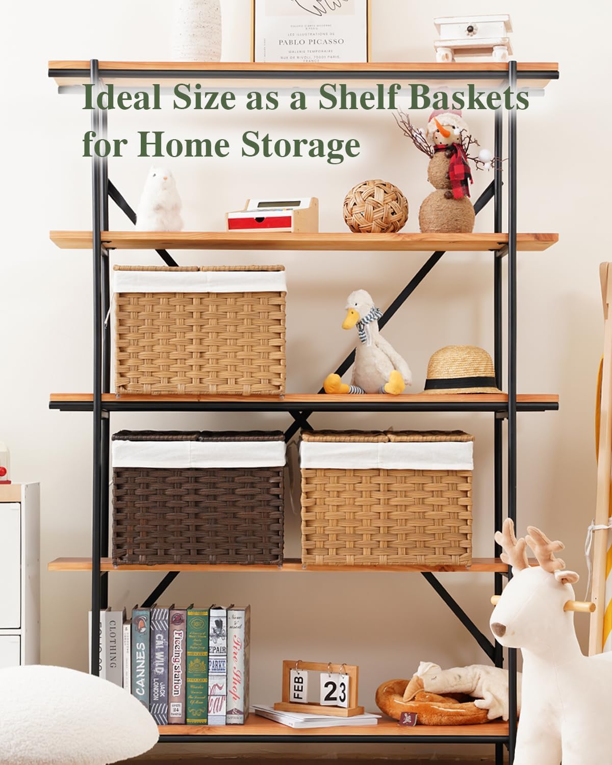 Storage Basket with Lid Woven Wicker Baskets with 2 Separate Lid, 9.2 Gallon (35 L) Wicker Storage Bins with Handles, Foldable and 2 Removable Liner Bags for Bedroom, Laundry Room Natural