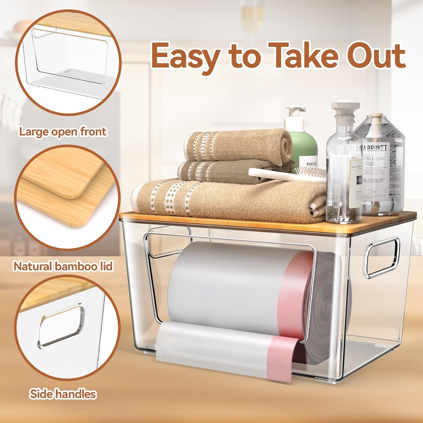 2 Pack Trash Bag Holder with Bamboo Lid, Stackable Trashbag Dispenser, Extra Large Garbage Bag Holder for Kitchen Laundry Room Under Sink Organization and Storage