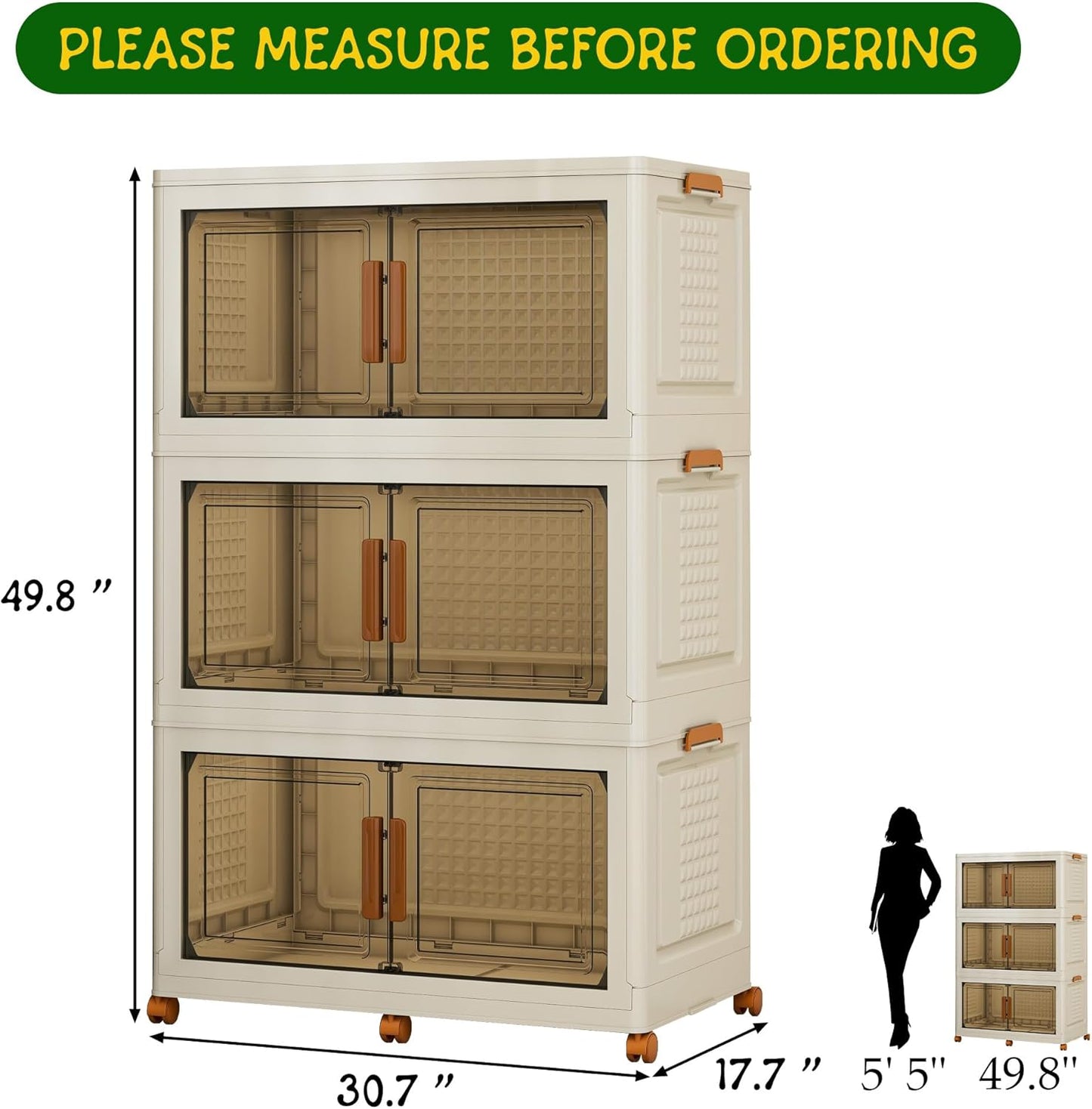 3 Tier Extra Large Stackable Storage Bins with 1 Lid 155 QT/Tier, Collapsible Plastic Box Storage Bin with Wheels, Home Containers Boxes Closet Organizers forLiving Room, Office, Dorm