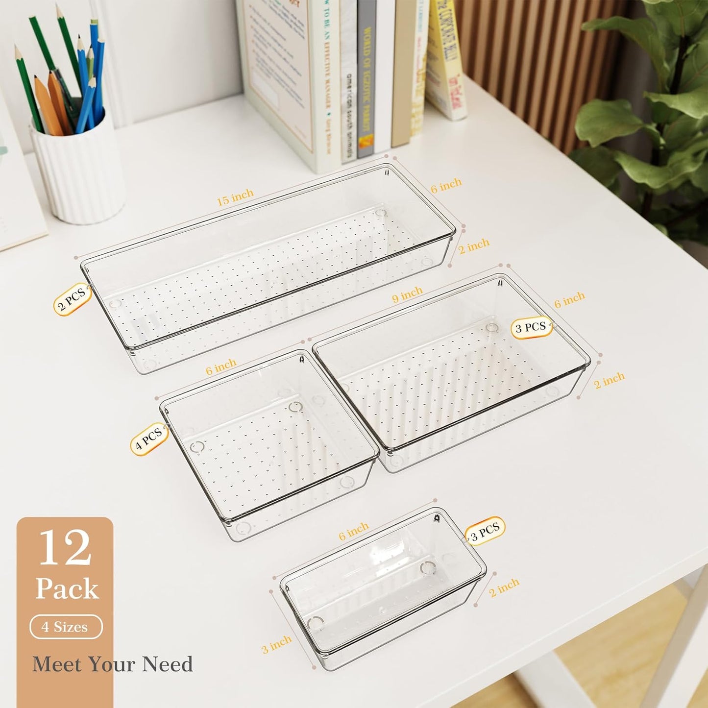 Criusia Drawer Organizer, 12 Pack Clear Plastic Kitchen Drawer Organizers Set,4-Size Versatile Bathroom and Vanity Organizer Trays,Storage Bins for Makeup, Bathroom, Jewelries and Office