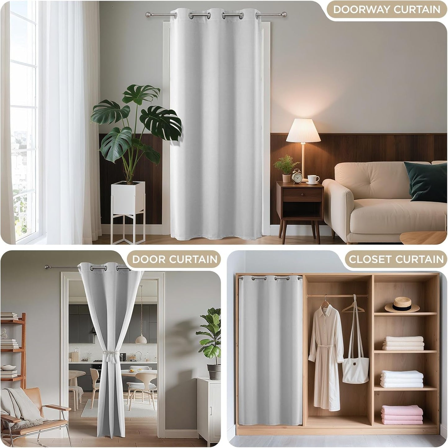 Joydeco Blackout Door Curtain for Doorway Privacy 90 Inches Long, Grommet Closet Curtain for Open Closet, Room Divider for Bedroom Living Room (Greyish White 52Wx90L, 1 Panel)