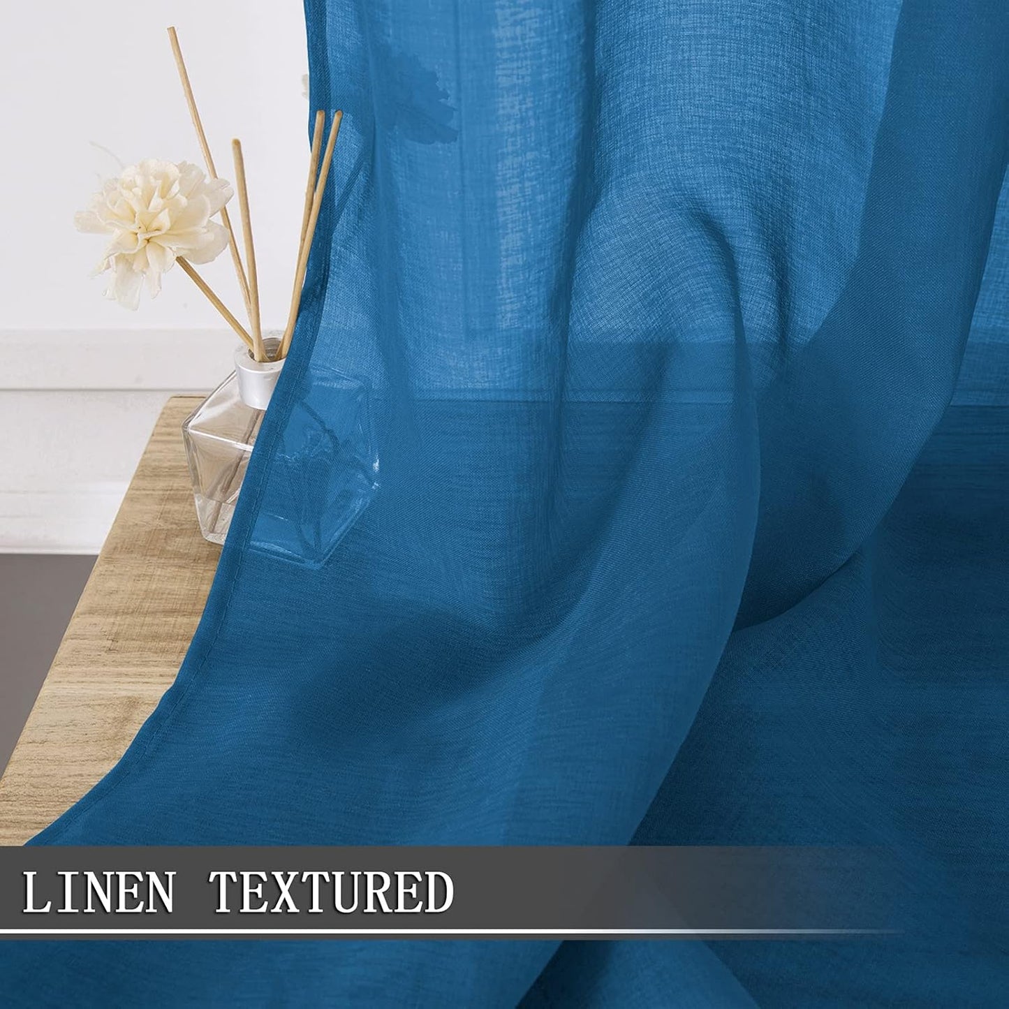 Tollpiz Short Sheer Curtain Living Room Linen Textured Curtains Sheer Light Filtering Voile Rod Pocket Curtain for Bedroom, 38 x 54 inches Long, Classic Blue, Set of 2 Panels