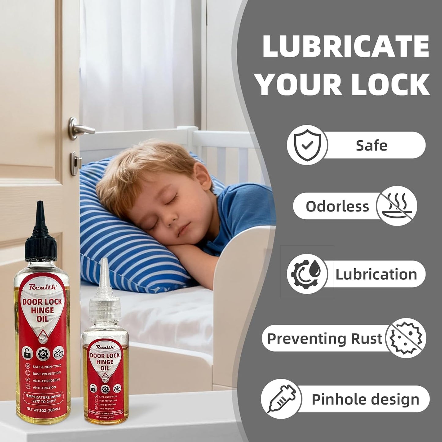 Realth Garage Door Lubricant -Lock Lubricant Keyhole, Great for Squeaky Hinges,Chains, Long-Lasting, Non-Toxic, Rust-Resistant Liquid Wrench with Precision Oiler Needle(100ml)