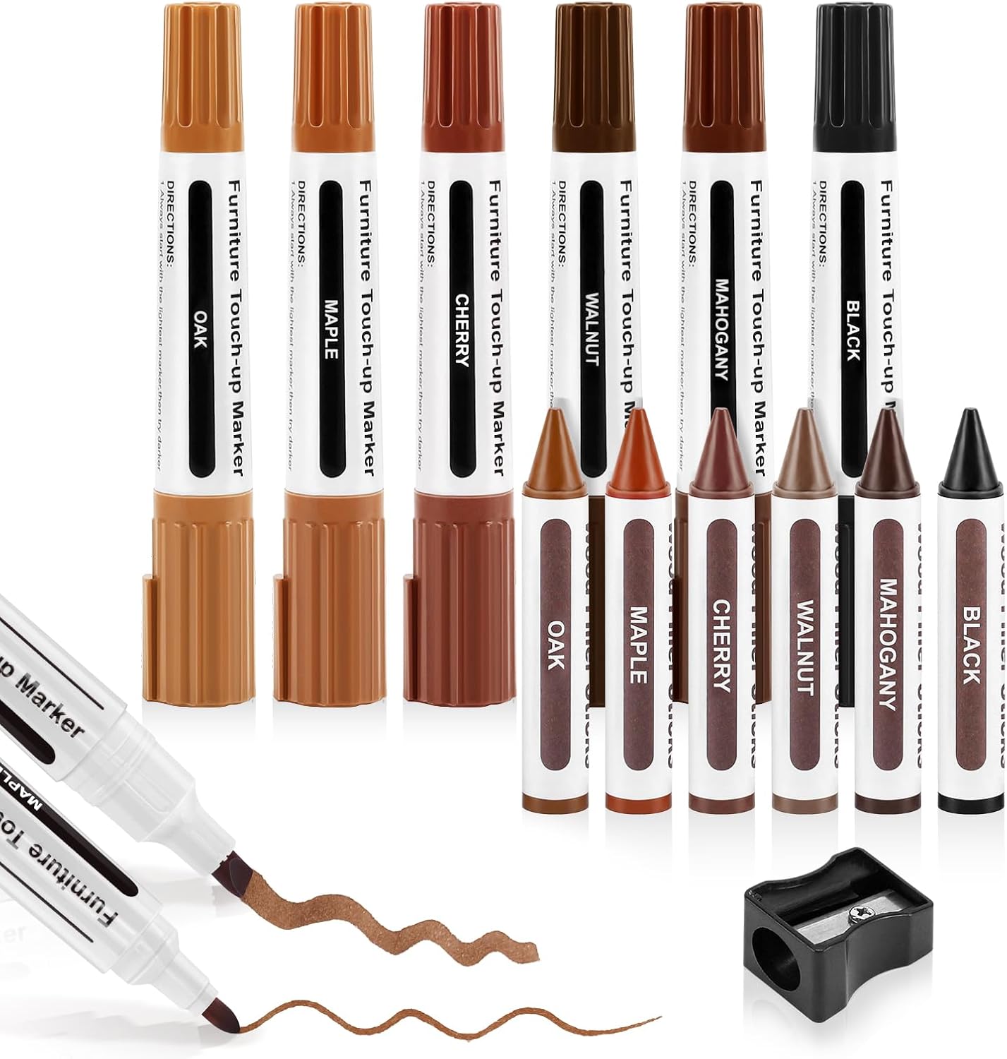 Dual Tip Furniture Markers Touch Up,Upgrade 13 Pcs Wood Markers Furniture Repair Kit,Touch Up Paint Pen and Wood Filler Putty Stick with Sharpener Kit,for Wood Stain Remover,Wood Floor Scratch Repair