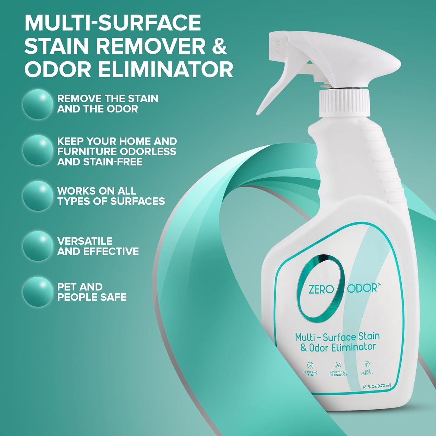 Zero Odor – Multi-Surface Stain Remover & Odor Eliminator - Remove Stains and Odor Patented Molecular Technology Best for Carpet, Rug, Linens, Furniture, Floors, 16oz
