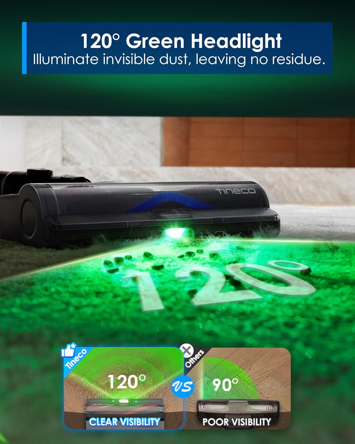 Tineco Pure ONE S50 Pro Cordless Stick Vacuum Cleaner, 200AW Powerful Suction, Zero Tangle Brush, 95Min Runtime, 180° Foldable Tube, 120° Green Light, Easily Tackles Large Debris Stick Vacuum