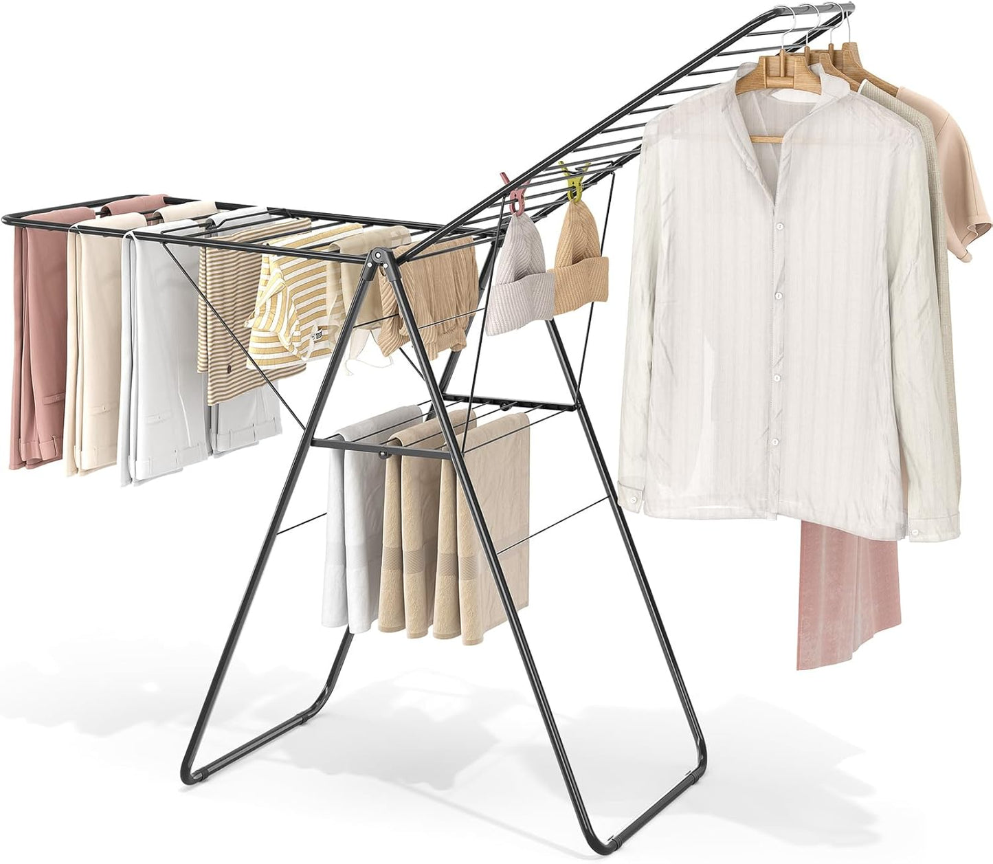 KINGBOARD Clothes Drying Rack Foldable, Drying Rack Clothing with Height-Adjustable, Metal Laundry Rack, Indoor Outdoor Use, No Assembly, 20.47"x 70"x 42.52", Black