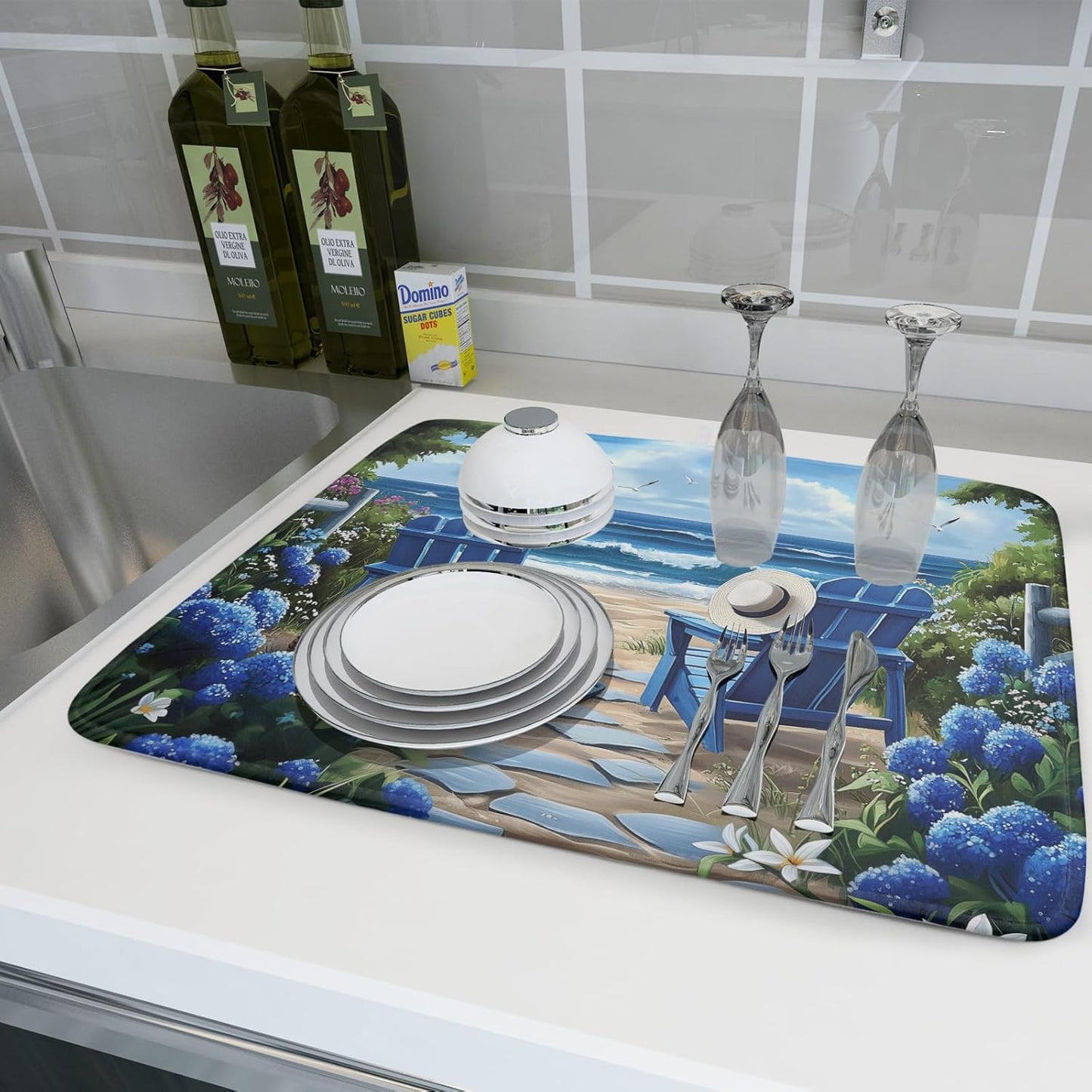 Summer Beach Chairs Dish Drying Mat Sea Wave Blue Floral Drying Mat fo Kitchen Counter 16”x18” Absorbent Reversible Kitchen Mat Non-Slip Ocean Themed Dish Drainer Rack Mat for Countertop Coffee Bar