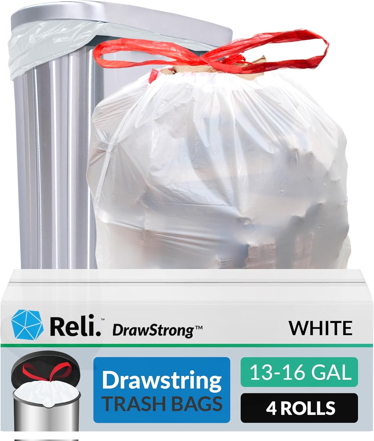 Reli. Tall Kitchen Drawstring Trash Bags 13 Gallon | 500 Count Bulk | Kitchen Garbage Bags | White | 13 Gallon - 16 Gal Capacity