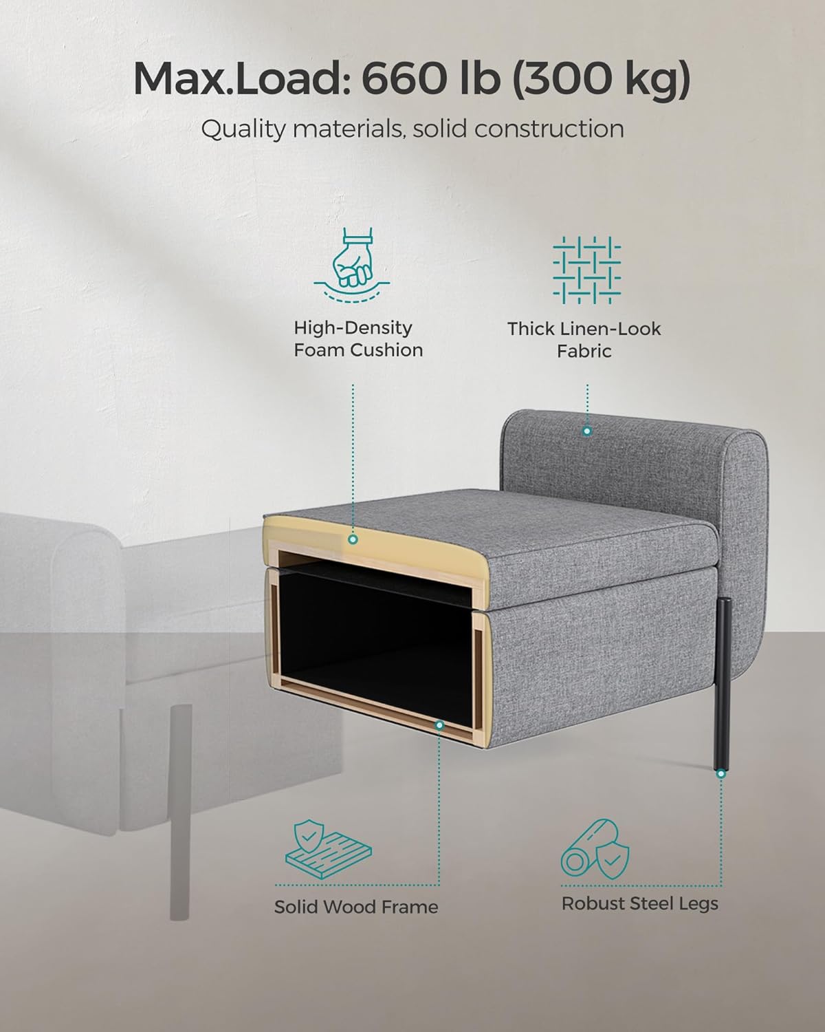 SONGMICS Storage Bench with Armrests, Ottoman for Living Room, Bedroom, Entryway, Steel Legs, Light Gray ULOM072G02