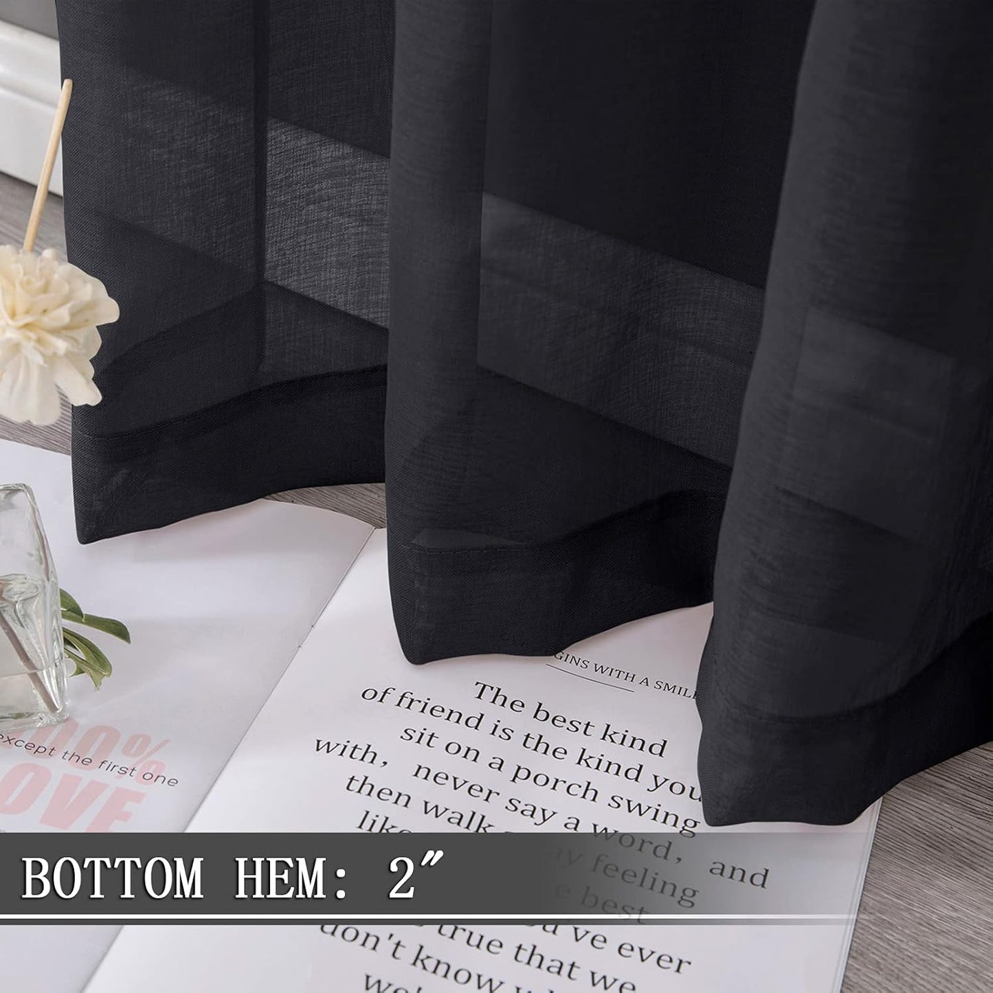 Tollpiz Short Sheer Tier Curtains Linen Textured Half Kitchen Curtain Sheers Light Filtering Rod Pocket Voile Small Curtain for Bathroom, 25 x 24 inches Long, Black, Set of 2 Panels