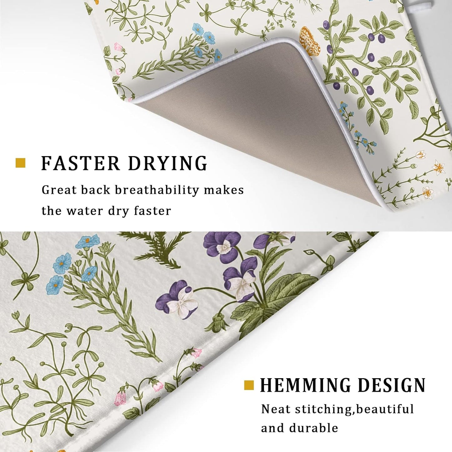 Wild Flowers Plant Dish Drying Mats for Kitchen Counter 16x18 Inch,Sage Herbs Kitchen Drying Mat,Botanical Plant Dishes Pad Dish Drainer Rack Mats Absorbent Fast Dry Kitchen Accessories