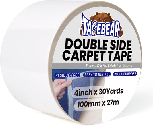 TAPEBEAR Carpet Tape Double Sided 4Inch x 30Yards, Heavy Duty Rug Gripper Anti Slip Anti Curling Floor Tape Residue-Free, Two Sided, Removable, Waterproof for Area Rugs, Mats, Strong Hold for Tile