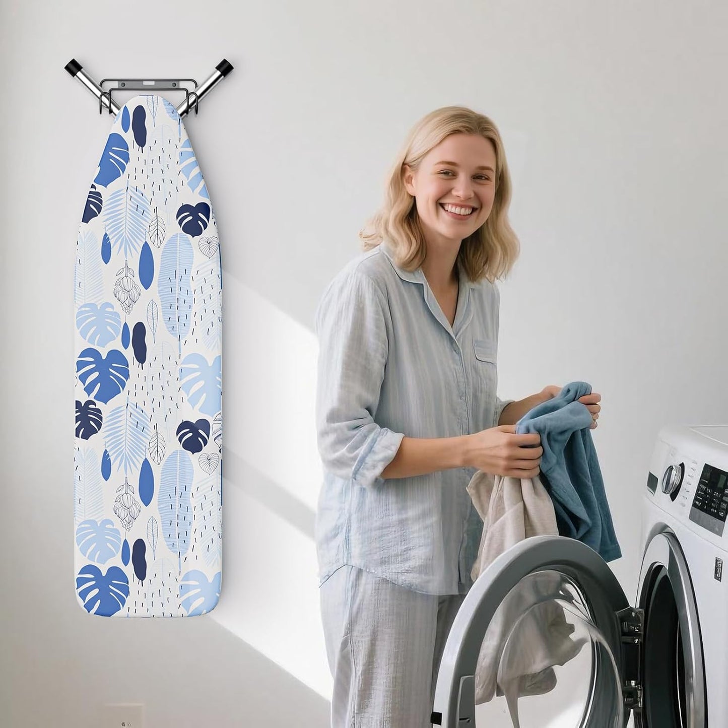 Over The Door & Wall Mount Ironing Board Hanger with Removable Hook, Metal Ironing Board Holder Organizer Wall Rack for Y & T Shaped (Black)