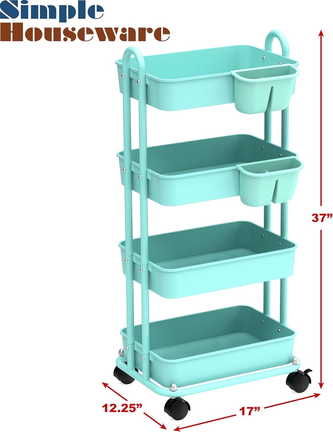 Simple Houseware 4-Tier Multifunctional Rolling Utility Cart with Hanging Buckets, Turquoise