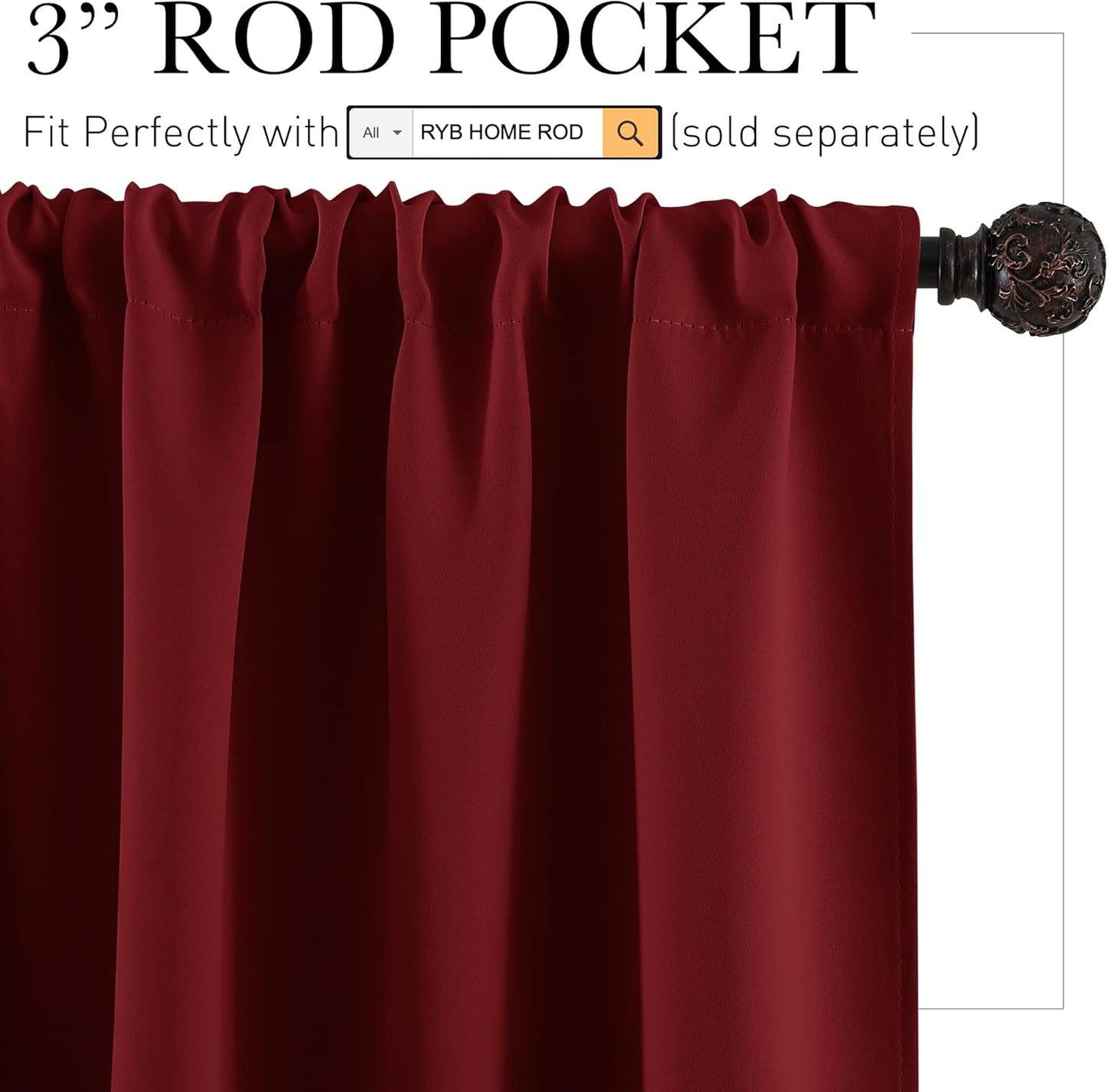 RYB HOME Blackout Curtain Panels Thermal Insulated Kitchen Window Treatment Slot Rod Pocket Top Room Darkening Drapes for Kids Nursery Girl's Room Bedroom, Wide 42 x Long 54, Burgundy Red, 2 Pieces