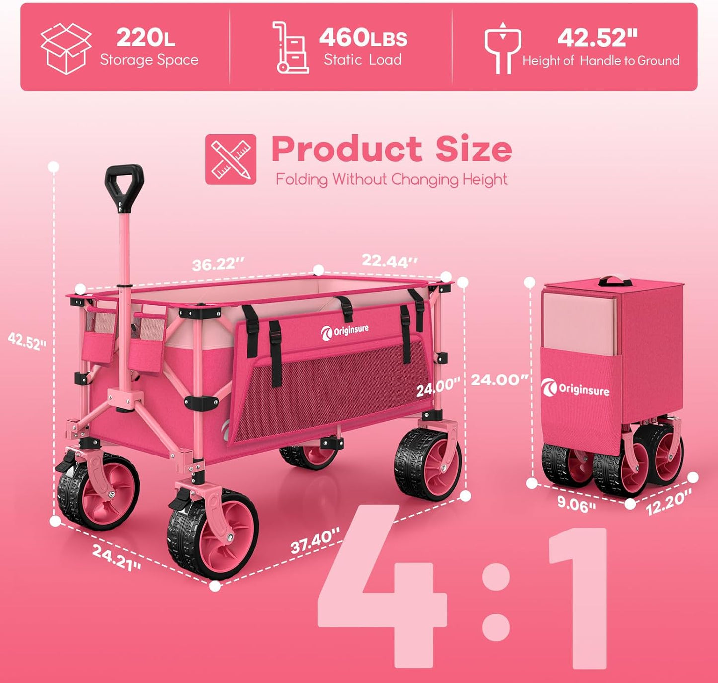 220L Collapsible Wagon Cart Foldable, 460lbs Load Capacity Heavy Duty Folding Beach Wagons with Big All-Terrain Wheels, Utility Carts for Groceries, Camping, Sports - Pink